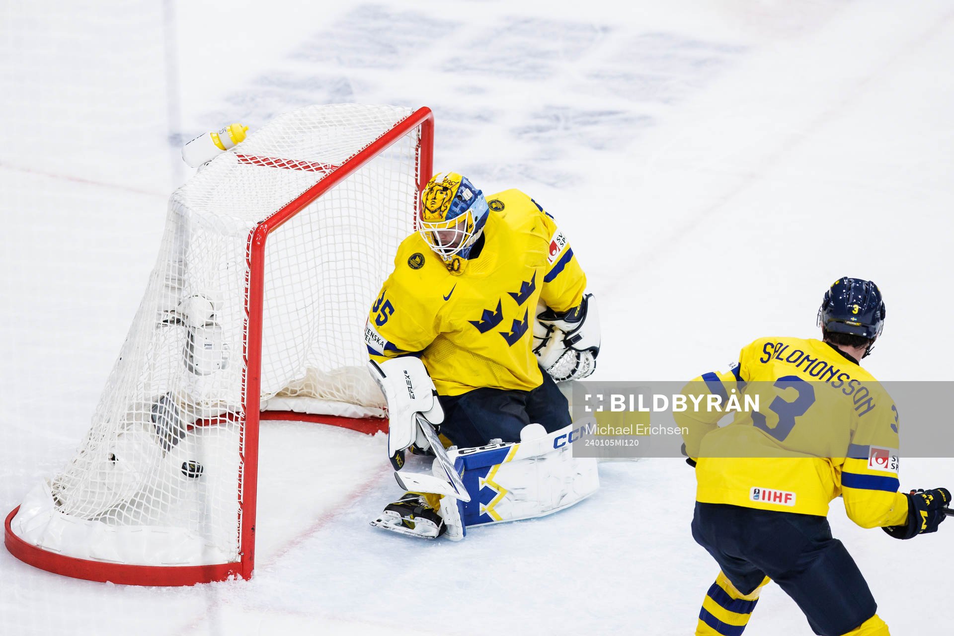 Goaltender Hugo Hävelid of Sweden looks dejected
