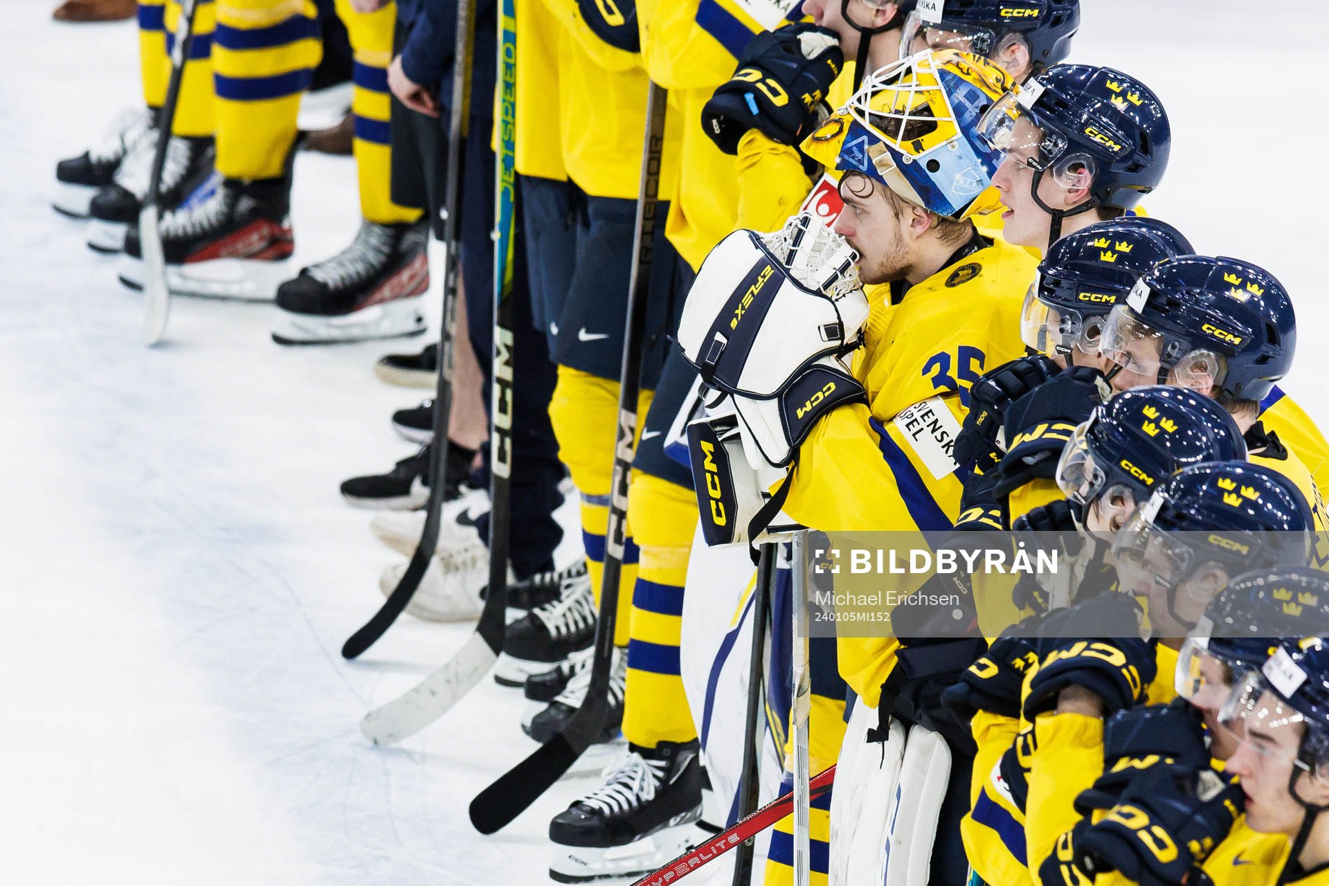 Goaltender Hugo Hävelid of Sweden looks dejected