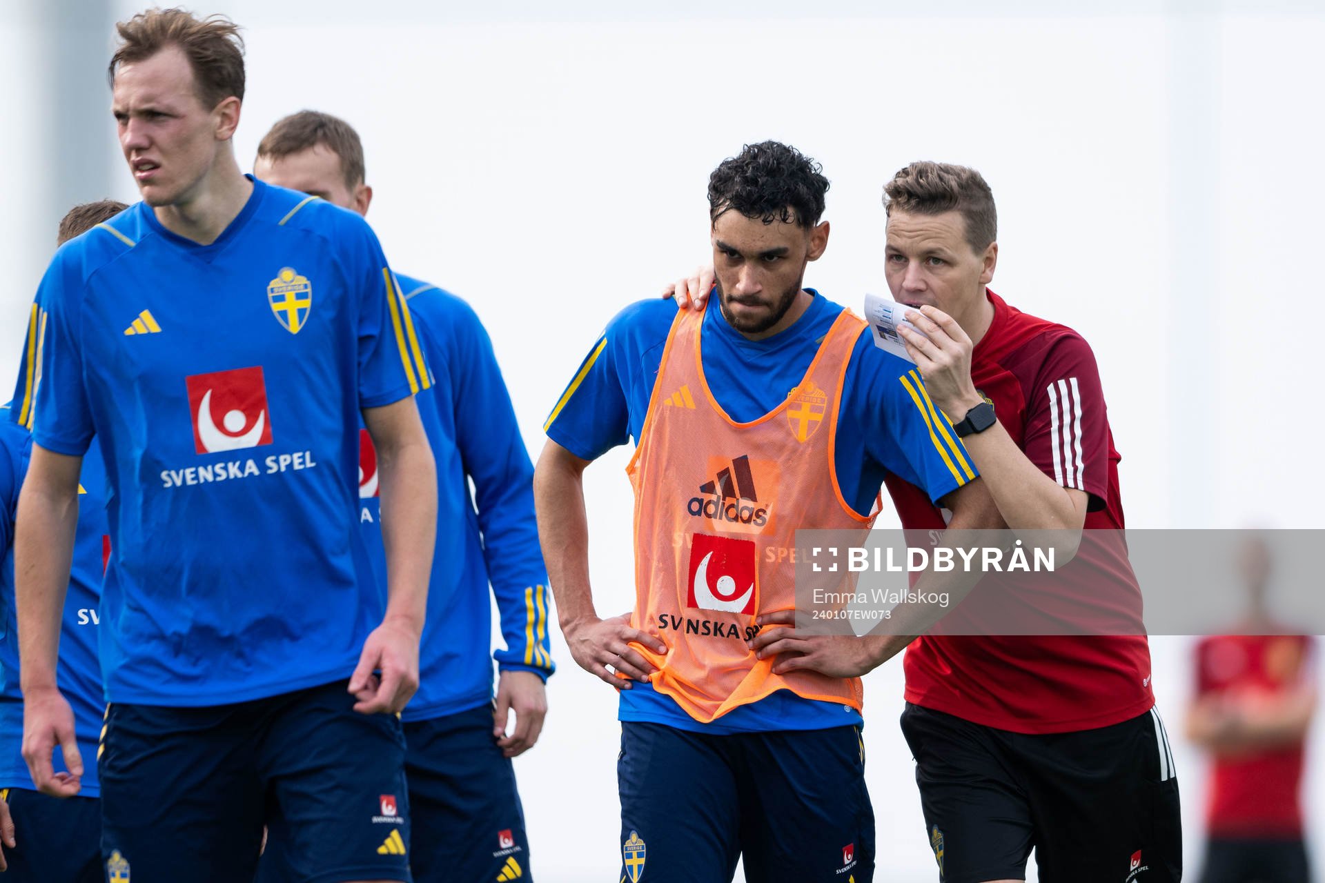 Joakim Persson and goalkeeper coach Maths Elfvendal of the Swedish men's football national team at a training session on January 7, 2024 in Paphos.