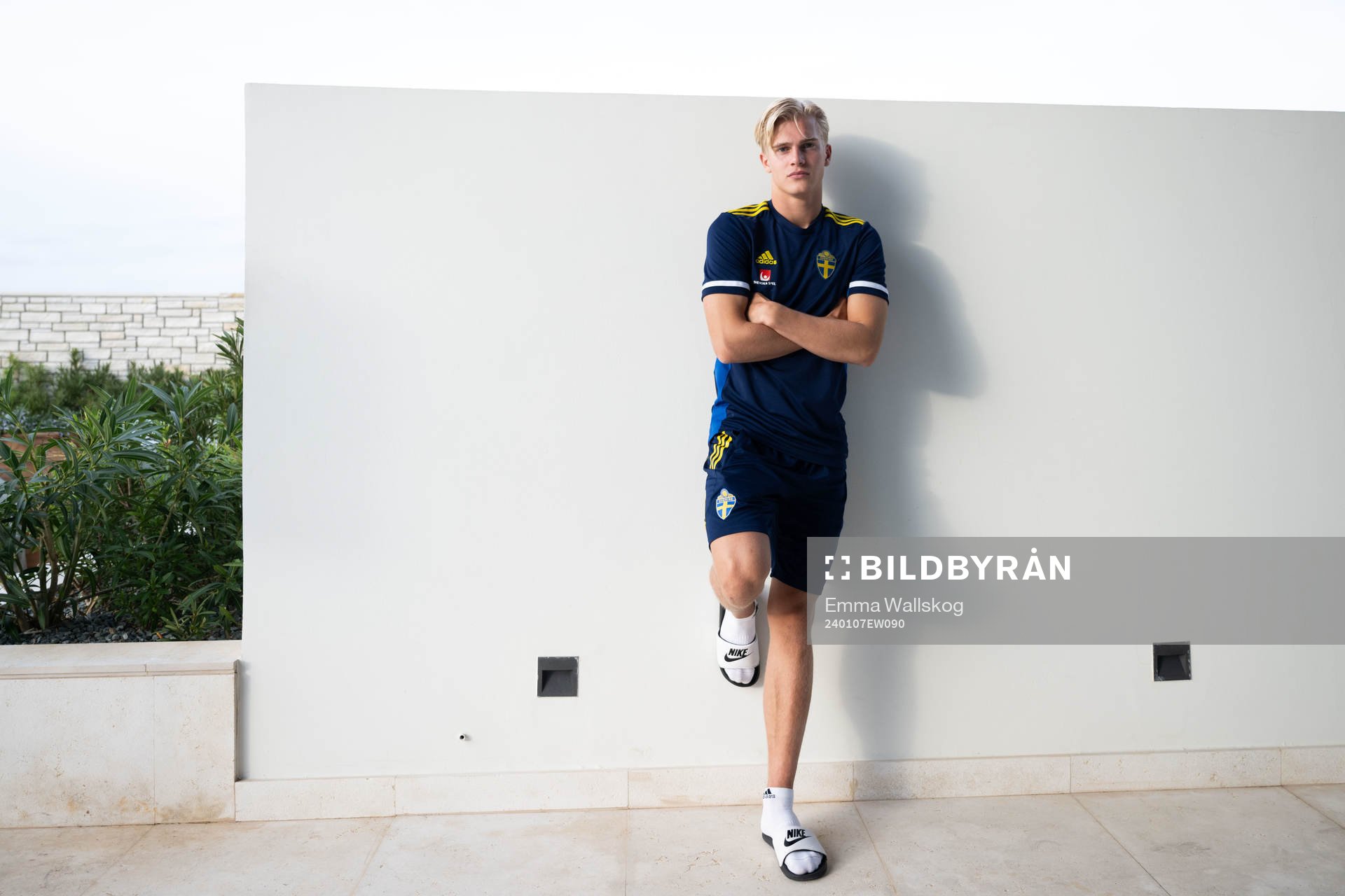 Lucas Bergvall of the Swedish men's football national team pose for a portrait during a press event on January 7, 2024 in Paphos. 