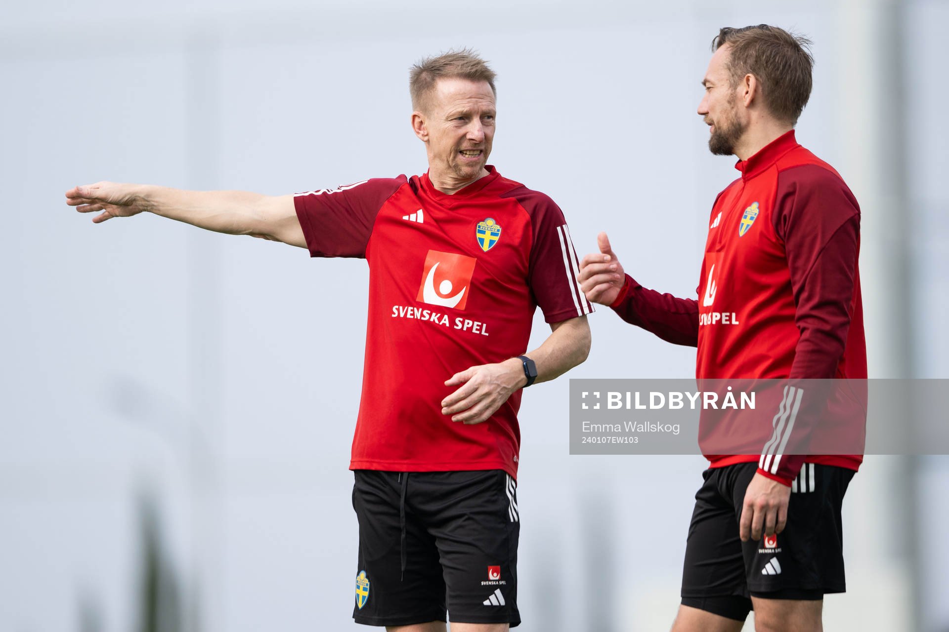 Physiotherapist Fredrik Larsson and physiotherapist Christian Andersson of the Swedish men's football national team at a training session on January 7, 2024 in Paphos.