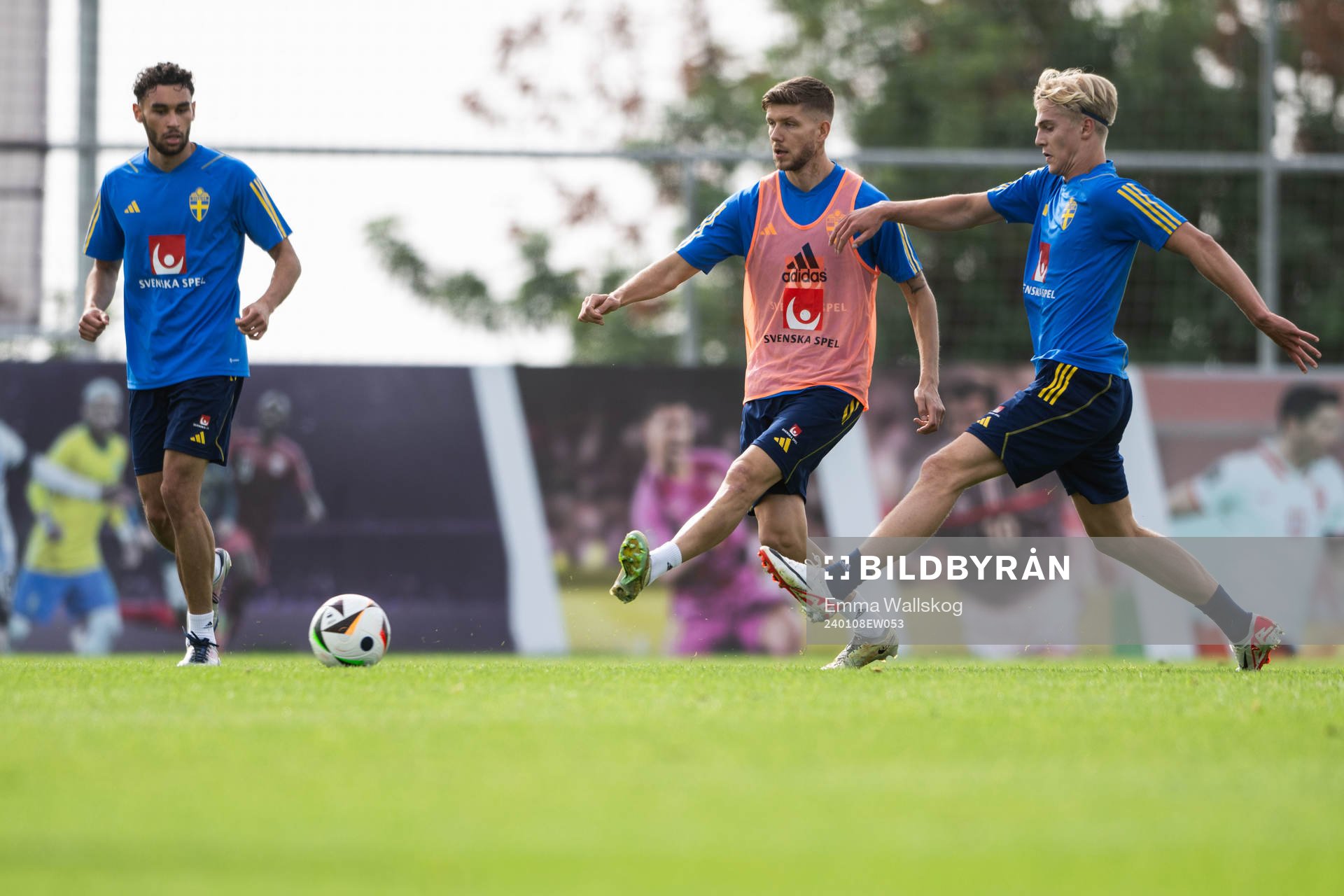 Joakim Persson, Anton Salétros and Lucas Bergvall of the Swedish men's football national team at a training session on January 8, 2024 in Paphos.