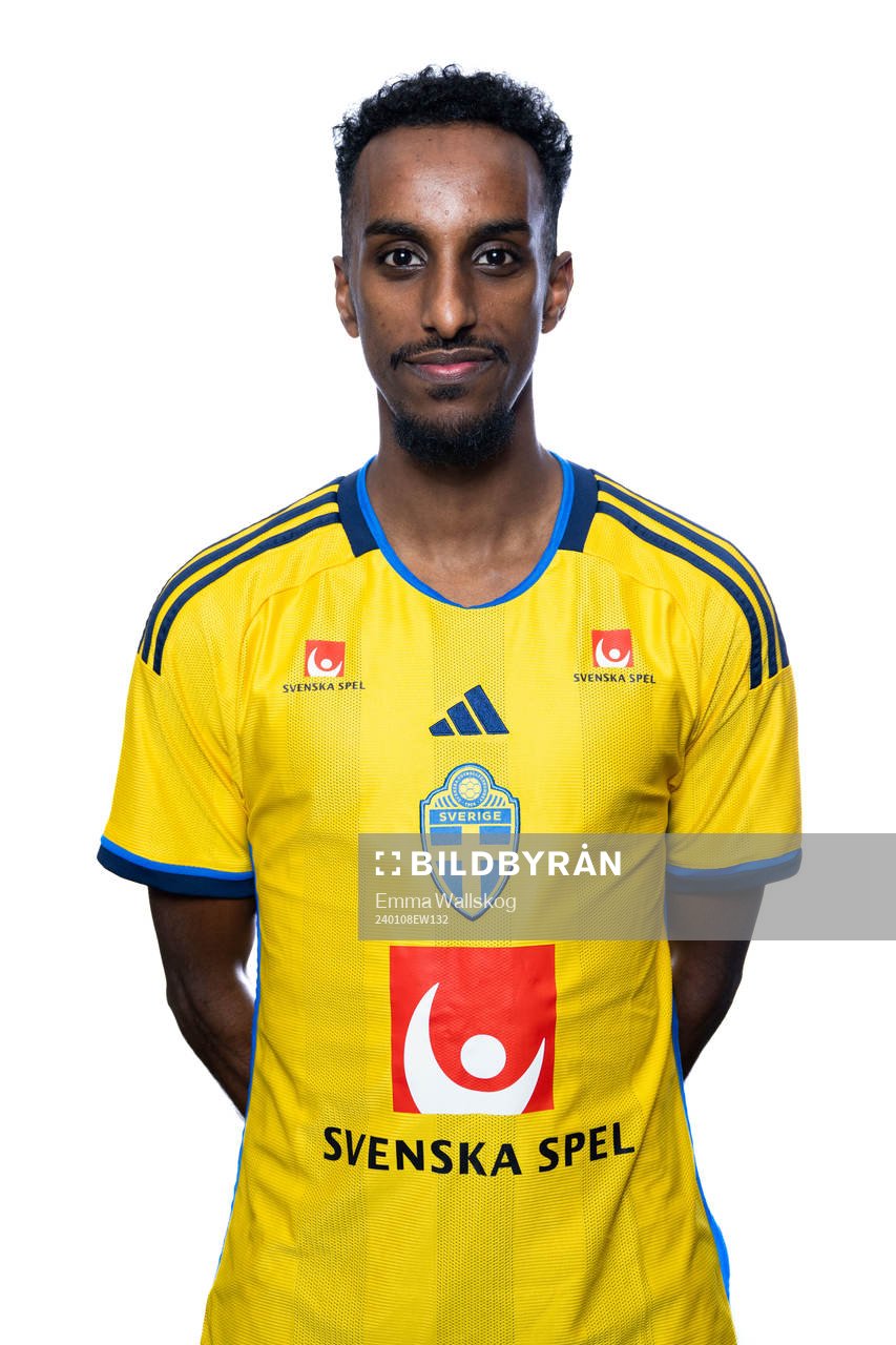 Taha Ali of the Swedish men's football national team pose