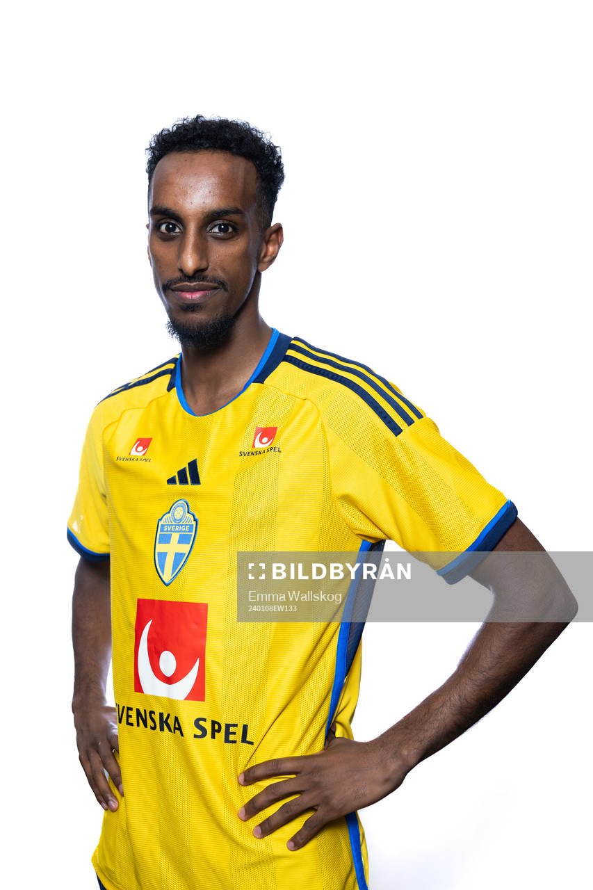 Taha Ali of the Swedish men's football national team pose