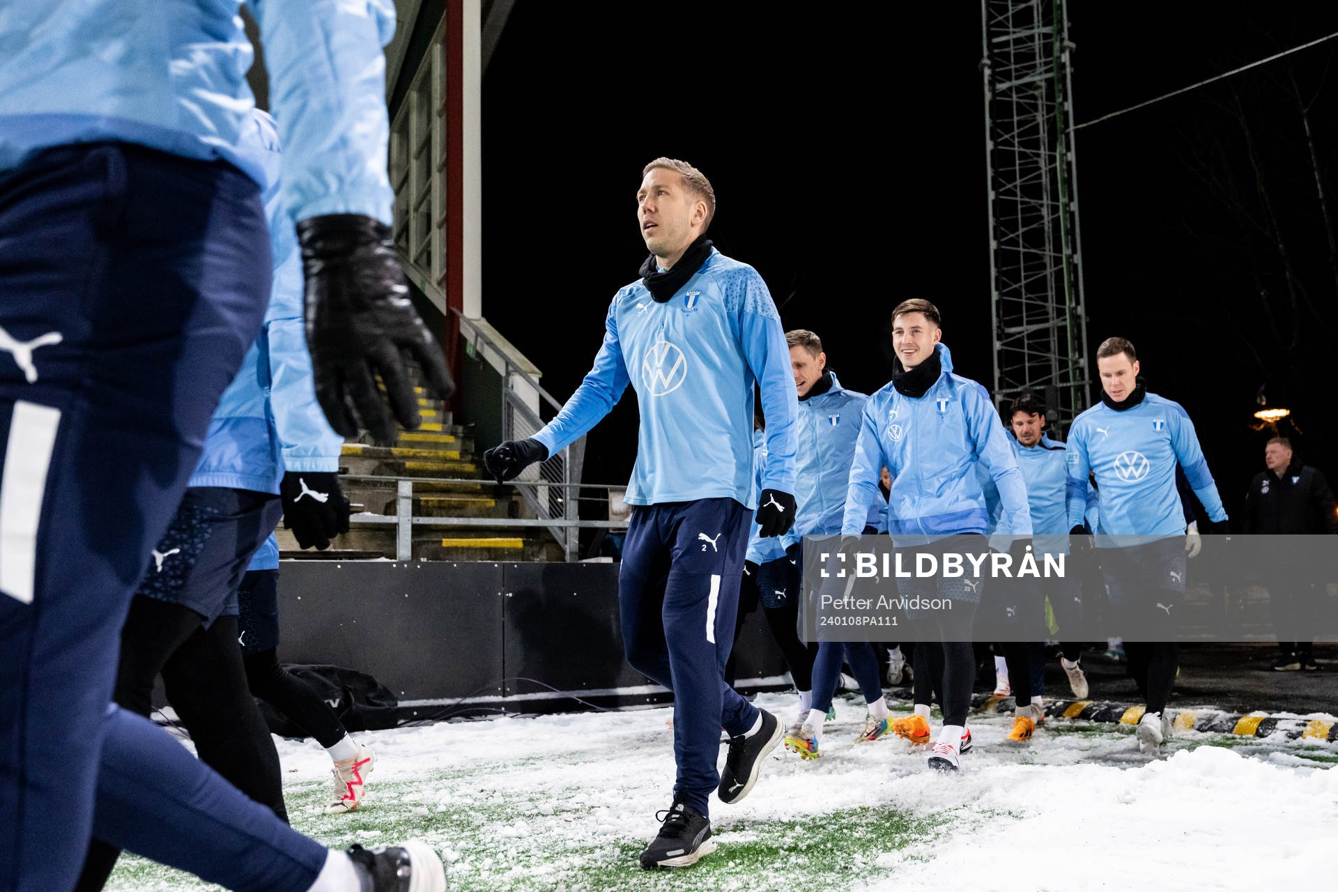 Anton Tinnerholm, Søren Rieks, Lasse Berg Johnsen och Niklas Moisander under en gemensam fotbollsträning med Malmö FFs herr och damlag den 8 januari 2024 i Malmö.