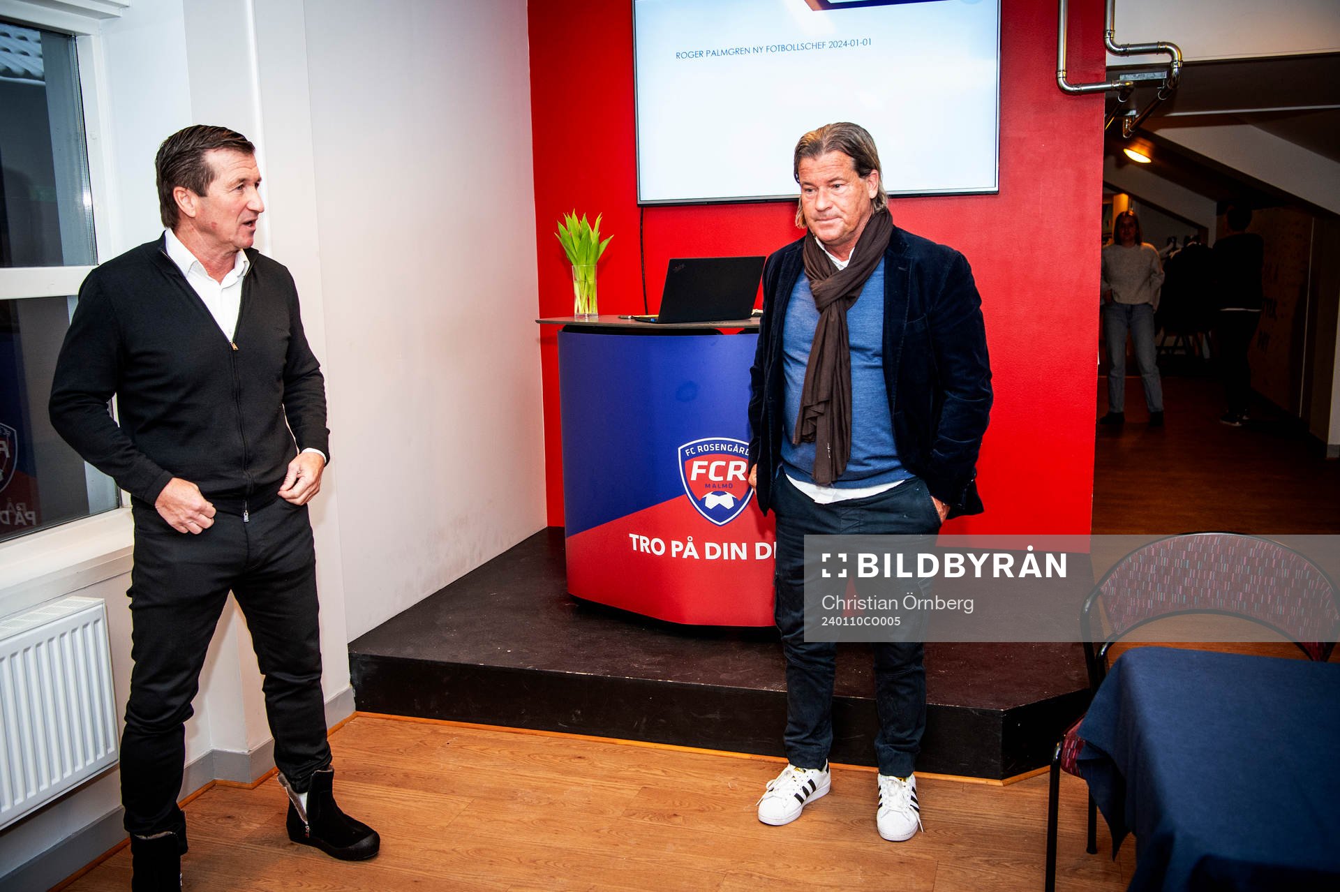 Styrelseordförande FC Rosengård, Håkan Wifvesson och fotbollschef Roger Palmgren under en presskonferens med FC Rosengård den 10 januari 2024 i Malmö.