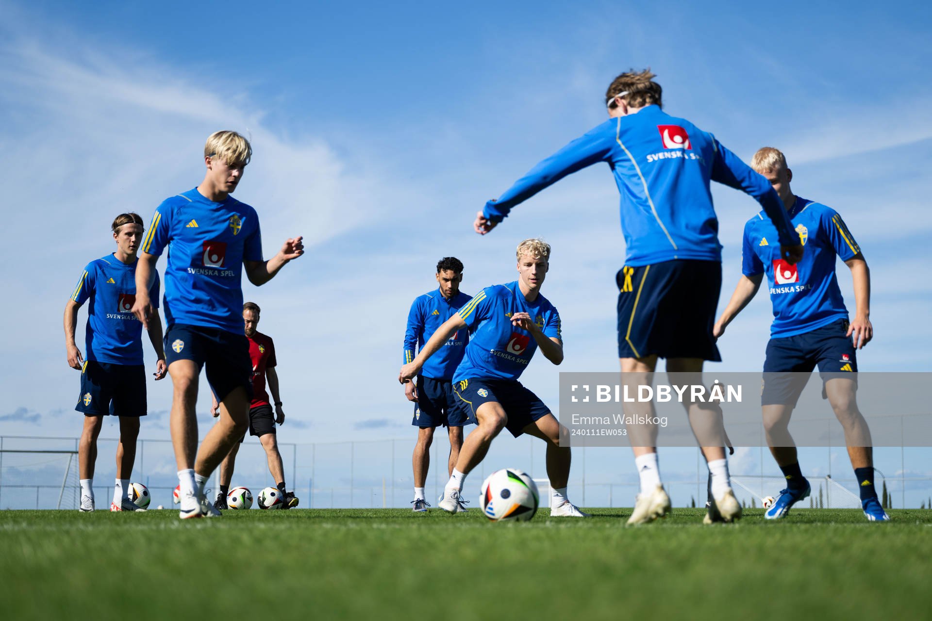 Erik Ahlstrand, Lucas Bergvall, Joakim Persson, Victor Larsson, Oscar Pettersson and Otto Rosengren of the Swedish men's football national team at a training session on January 11, 2024 in Paphos.