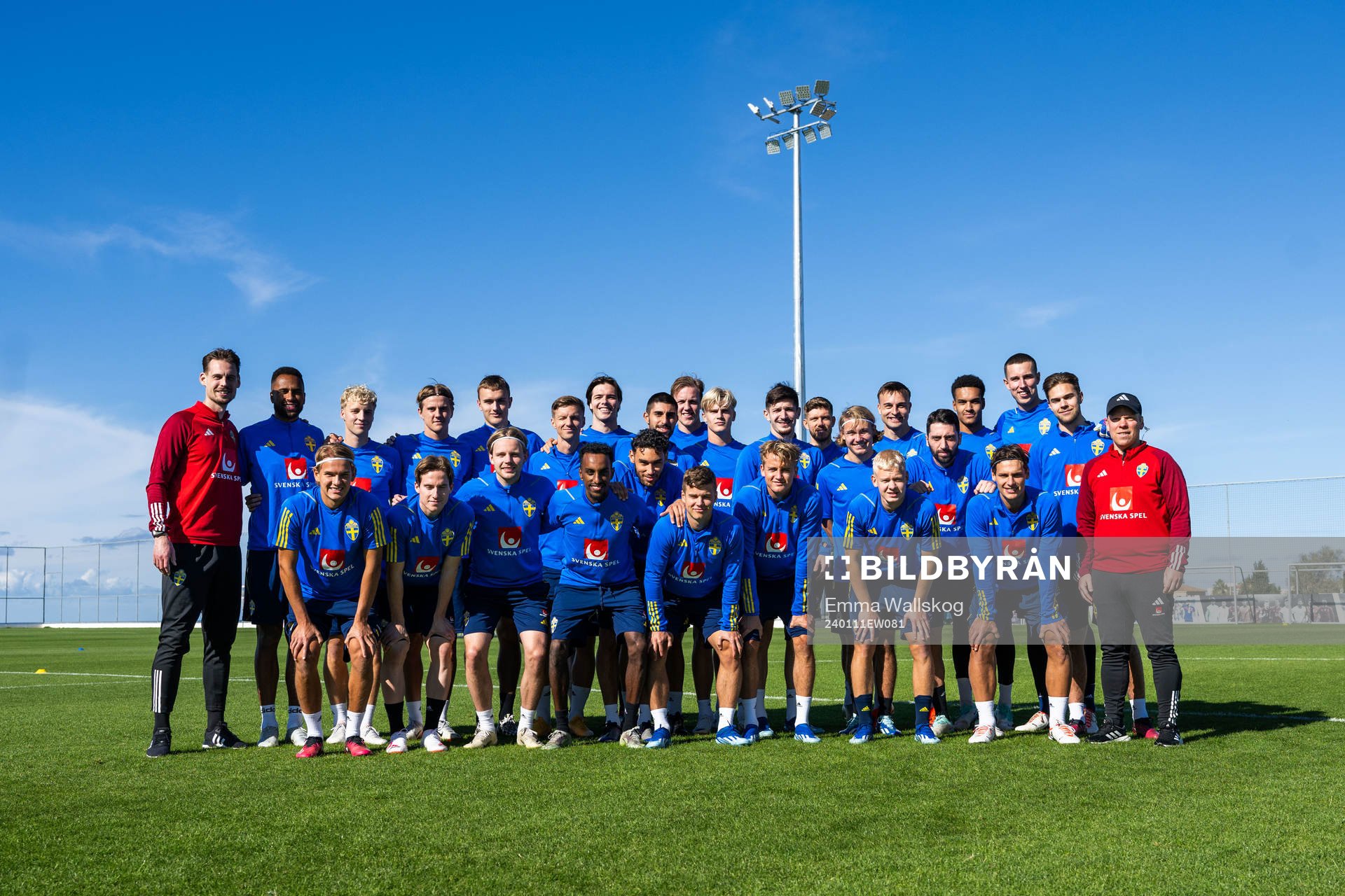 Top row from left: Interim coach Daniel Bäckström, Isaac Kiese Thelin, Victor Larsson, Erik Ahlstrand, Jesper Tolinsson, Samuel Leach Holm, goalkeeper Jacob Widell Zetterström, Rami Al Hajj, Adam Carlén, Lucas Bergvall, Armin Gigovic, Anton Salétros, Sebastian Nanasi, Henrik Castegren, Nahir Besara, goalkeeper Oliver Dovin, goalkeeper Samuel Brolin, Anton Eriksson and Interim assistant coach Viktor Eriksson. Front row: Markus Karlsson, Johan Karlsson, Oscar Pettersson, Taha Ali, Joakim Persson, Samuel Dahl, Oskar Fallenius, Otto Rosengren and Kevin Ackermann of the Swedish men's football national team pose for a portrait ahead of a training session on January 11, 2024 in Paphos.