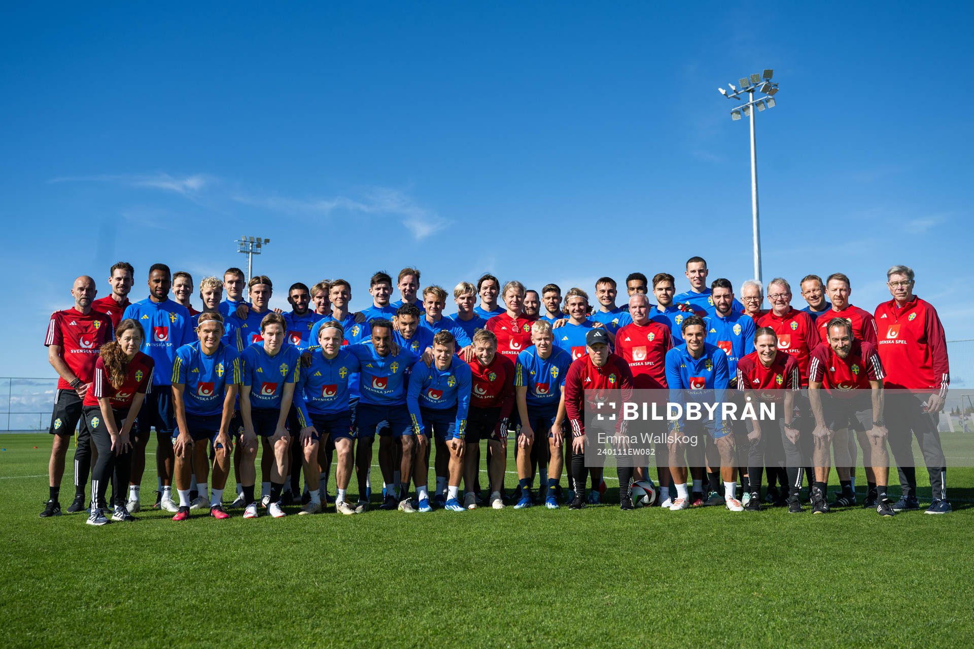 Top row from left: Kit manager Björn Eriksson, Interim coach Daniel Bäckström, Isaac Kiese Thelin, Maths Elfvendal, Victor Larsson, Jesper Tolinsson, Erik Ahlstrand, Rami Al Hajj, social media manager Andreas Hård, Samuel Leach Holm, Armin Gigovic, Adam Carlén, Oskar Fallenius, Lucas Bergvall, goalkeeper Jacob Widell Zetterström, Team manager Stefan Pettersson, Video analyst Christoffer Bernspång, Anton Salétros, Sebastian Nanasi, Henrik Castegren, goalkeeper Oliver Dovin, Anton Eriksson, goalkeeper Samuel Brolin, Nahir Besara, scout Lasse Jacobsson, Head of security Stefan Dejemyr, Dale Reese, Performance & Medical Coordinator. Front row: Press officer Petra Thorén, Markus Karlsson, Johan Karlsson, Oscar Pettersson, Taha Ali, Joakim Persson, Samuel Dahl, Fitness trainer Paul Balsom, Otto Rosengren, Interim assistant coach Viktor Eriksson, kit manager Tommie Nilsson, Kevin Ackermann, coordinator Cecilia Sandell, and Physiotherapist Christian Andersson of the Swedish men's football national team pose for a portrait ahead of a training session on January 11, 2024 in Paphos.