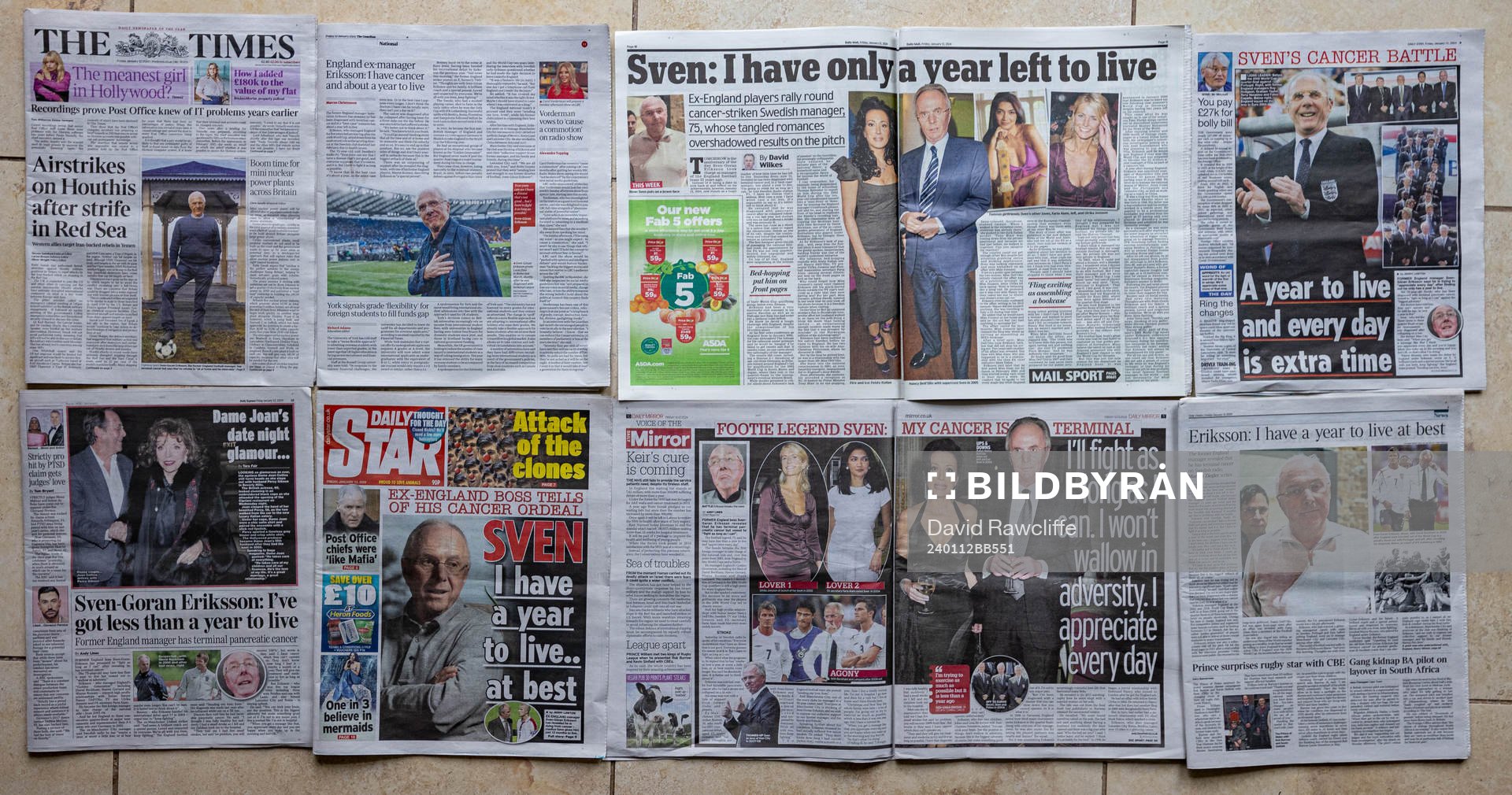 OL, ENGLAND - Friday, January 12, 2024: A montage of printed British newspapers as they cover the story of former England manager, Sweden's Sven-Göran Eriksson, who announced he had cancer and only a year left to live, at best. (