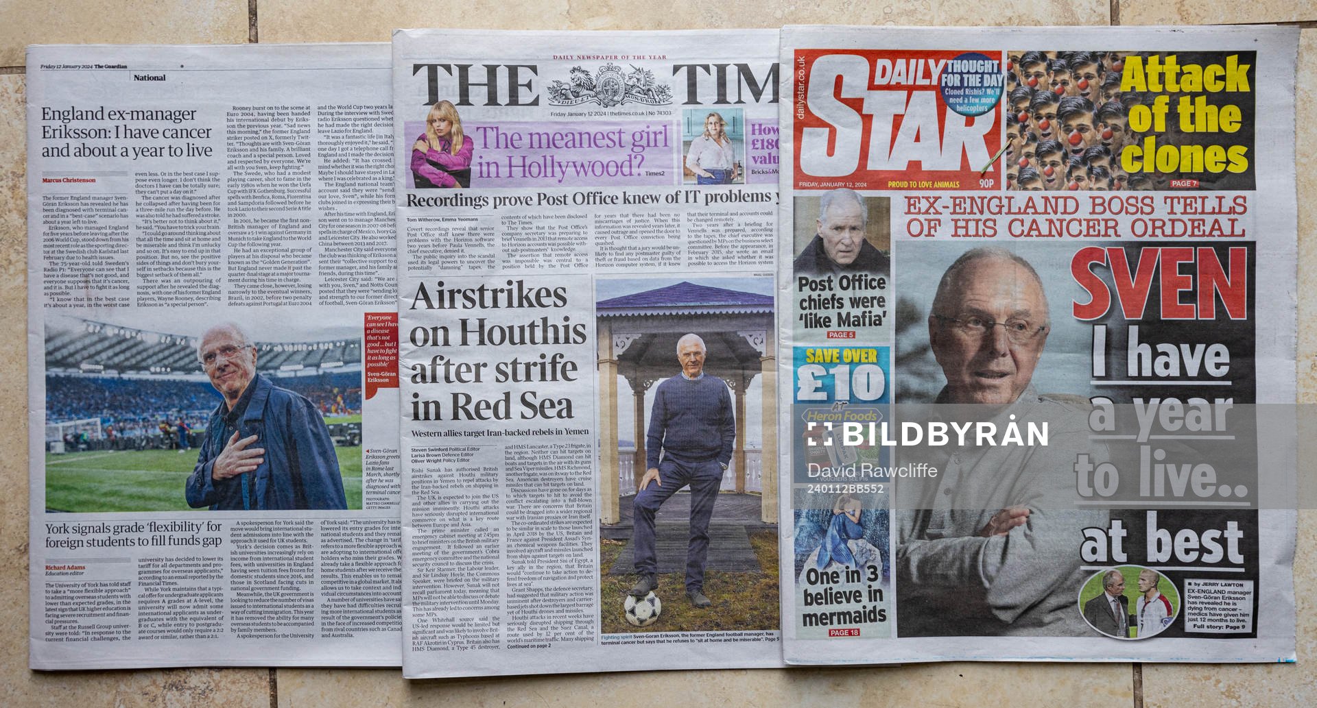 OL, ENGLAND - Friday, January 12, 2024: A montage of printed British newspapers as they cover the story of former England manager, Sweden's Sven-Göran Eriksson, who announced he had cancer and only a year left to live, at best. (