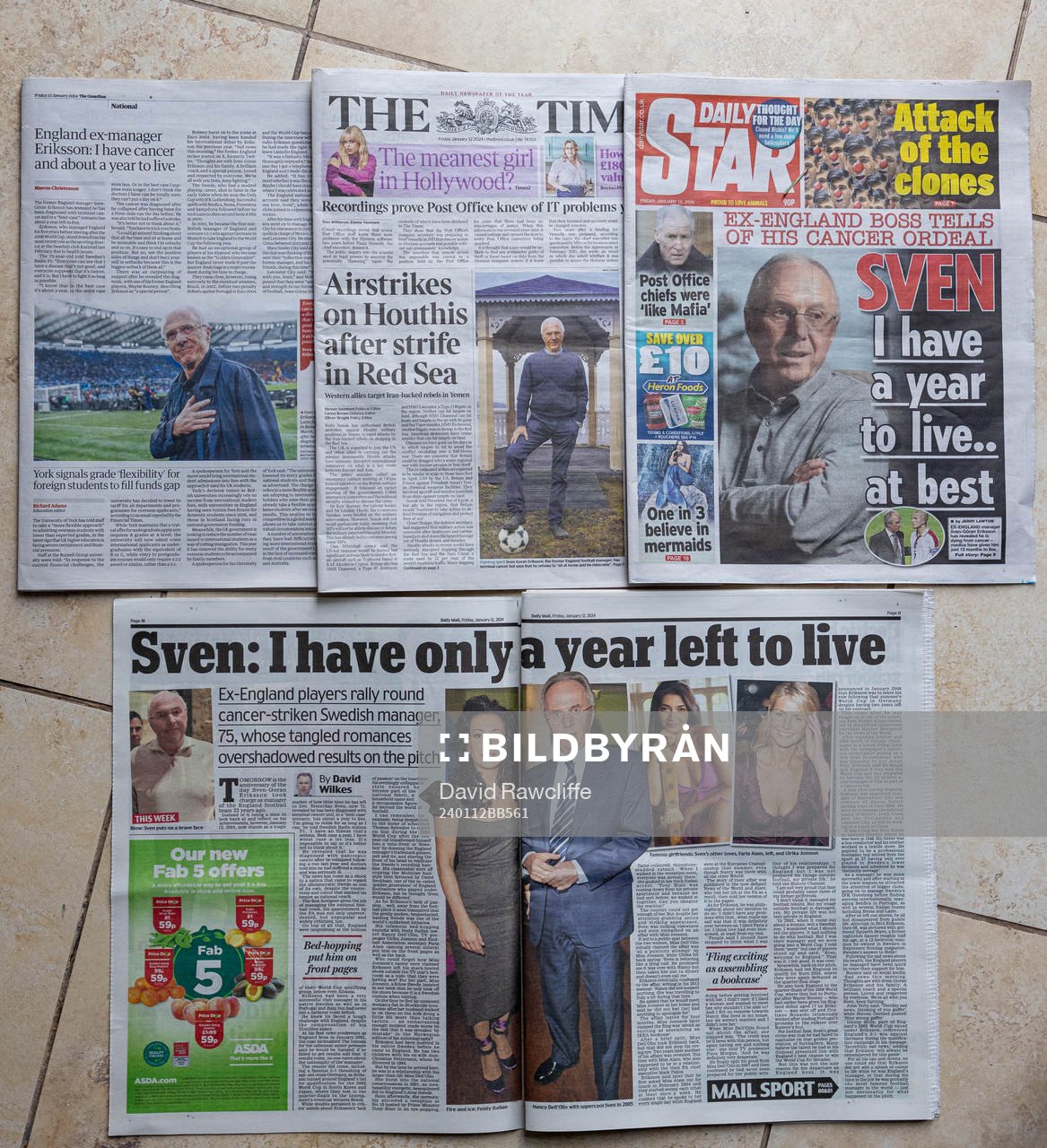 OL, ENGLAND - Friday, January 12, 2024: A montage of printed British newspapers as they cover the story of former England manager, Sweden's Sven-Göran Eriksson, who announced he had cancer and only a year left to live, at best. (