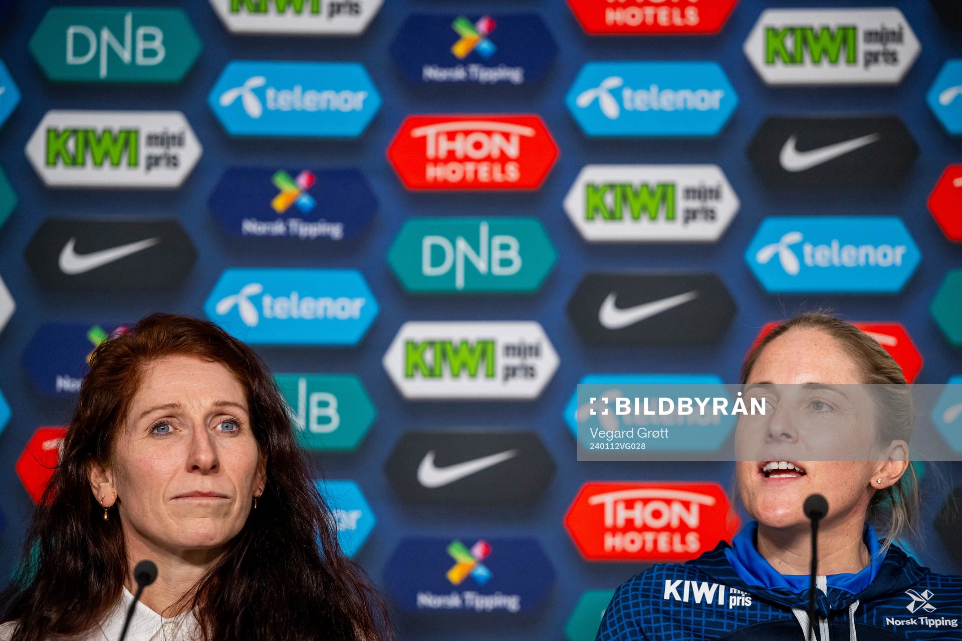 Lise Klaveness, president of the Norwegian Football Association (NFF), and Gemma Grainger, head coach of the Norwegian women's national football team, during a press conference on January 12, 2024 in Oslo.