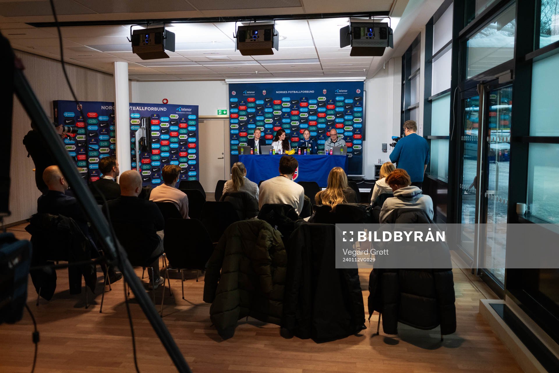 Gro Tvedt Anderssen, communications director of the Norwegian Football Association (NFF), president Lise Klaveness, Gemma Grainger, head coach of the Norwegian women's national football team, and general secretary Karl-Petter Løken, during a press conference on January 12, 2024 in Oslo.