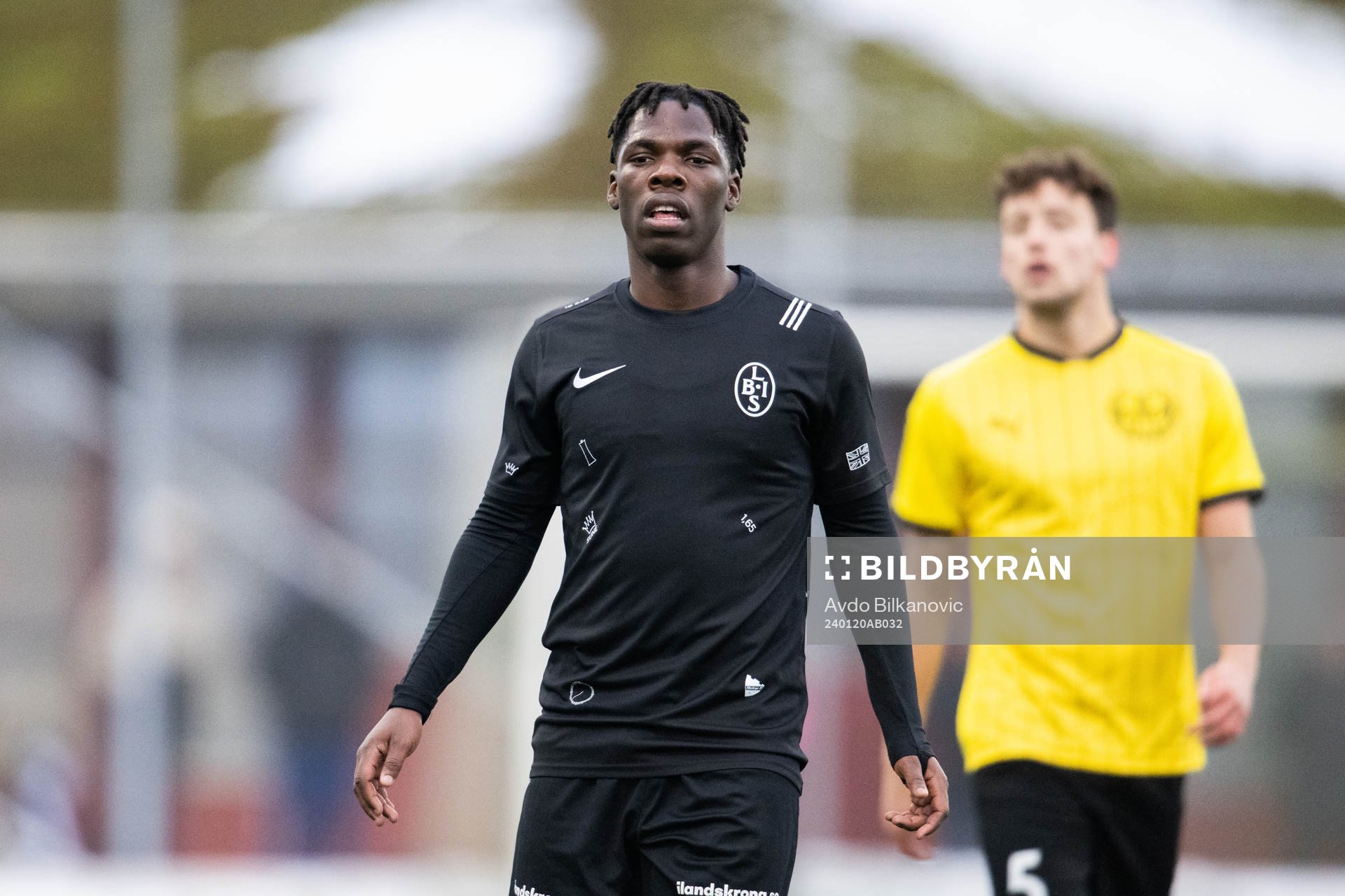 Landskronas Xavier Odhiambo under fotbollsmatchen i träningsmatchen mellan Landskrona BOIS och Mjällby den 20 januari 2024 i Landskrona.