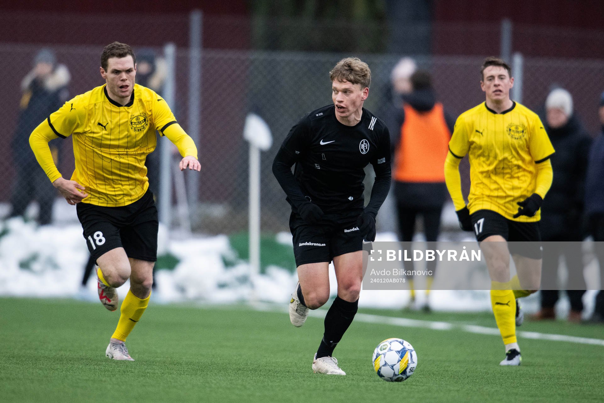 Landskronas Gustaf Bruzelius under fotbollsmatchen i träningsmatchen mellan Landskrona BOIS och Mjällby den 20 januari 2024 i Landskrona. 