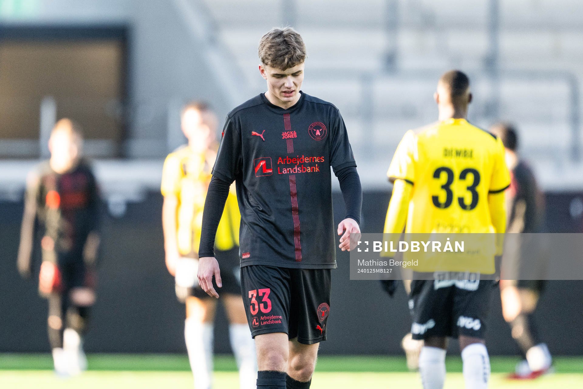 Midtjyllands Adam Nygaard under träningsmatchen i fotboll mellan Häcken och Midtjylland den 25 januari 2024 i Göteborg. 