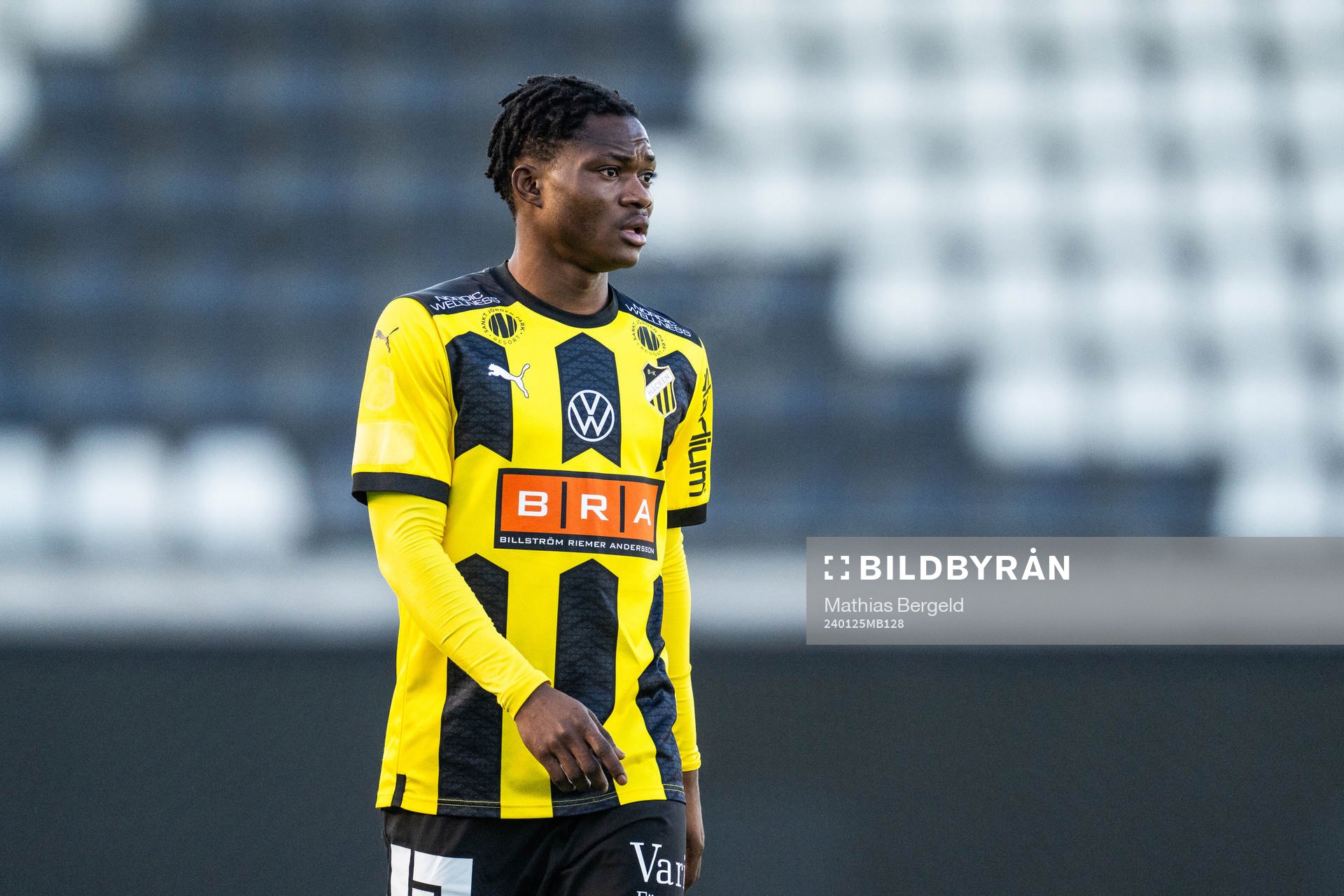 Häckens Severin Nioule under träningsmatchen i fotboll mellan Häcken och Midtjylland den 25 januari 2024 i Göteborg. 