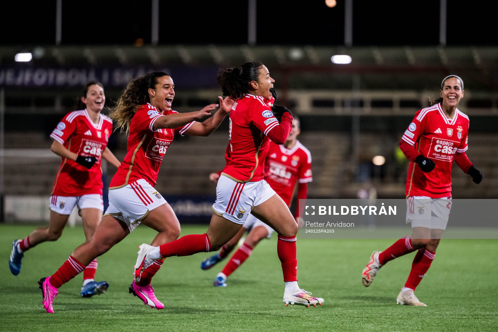 Andreia Norton and Marie Alidou of Benfica celebrates after 1-2 during the UEFA Women's Champions League football match between FC Rosengård and Benfica on January 25, 2024 in Malmö.