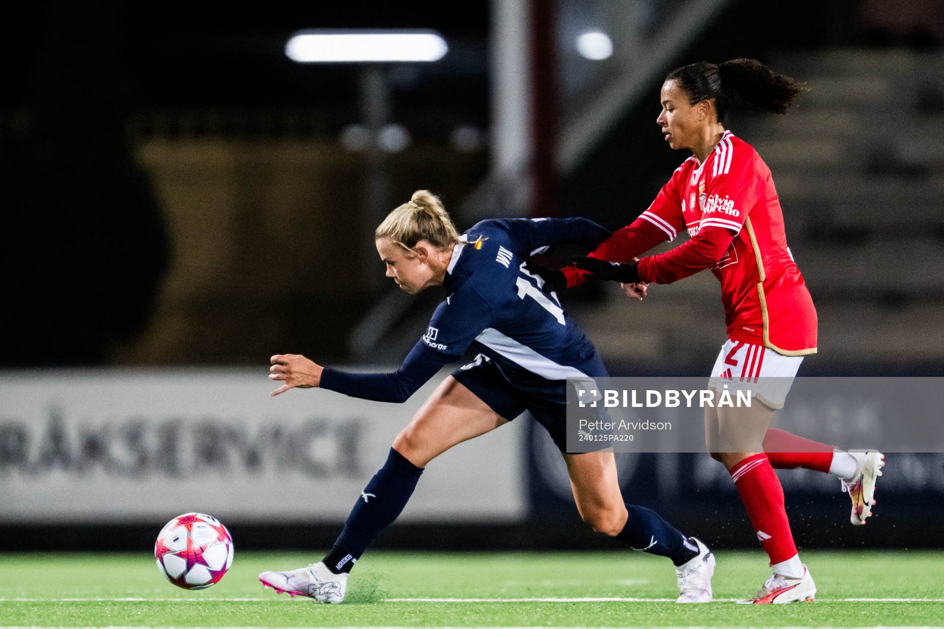 Jessica Wik of FC Rosengård and Marie Alidou of Benfica during the UEFA Women's Champions League football match between FC Rosengård and Benfica on January 25, 2024 in Malmö.
