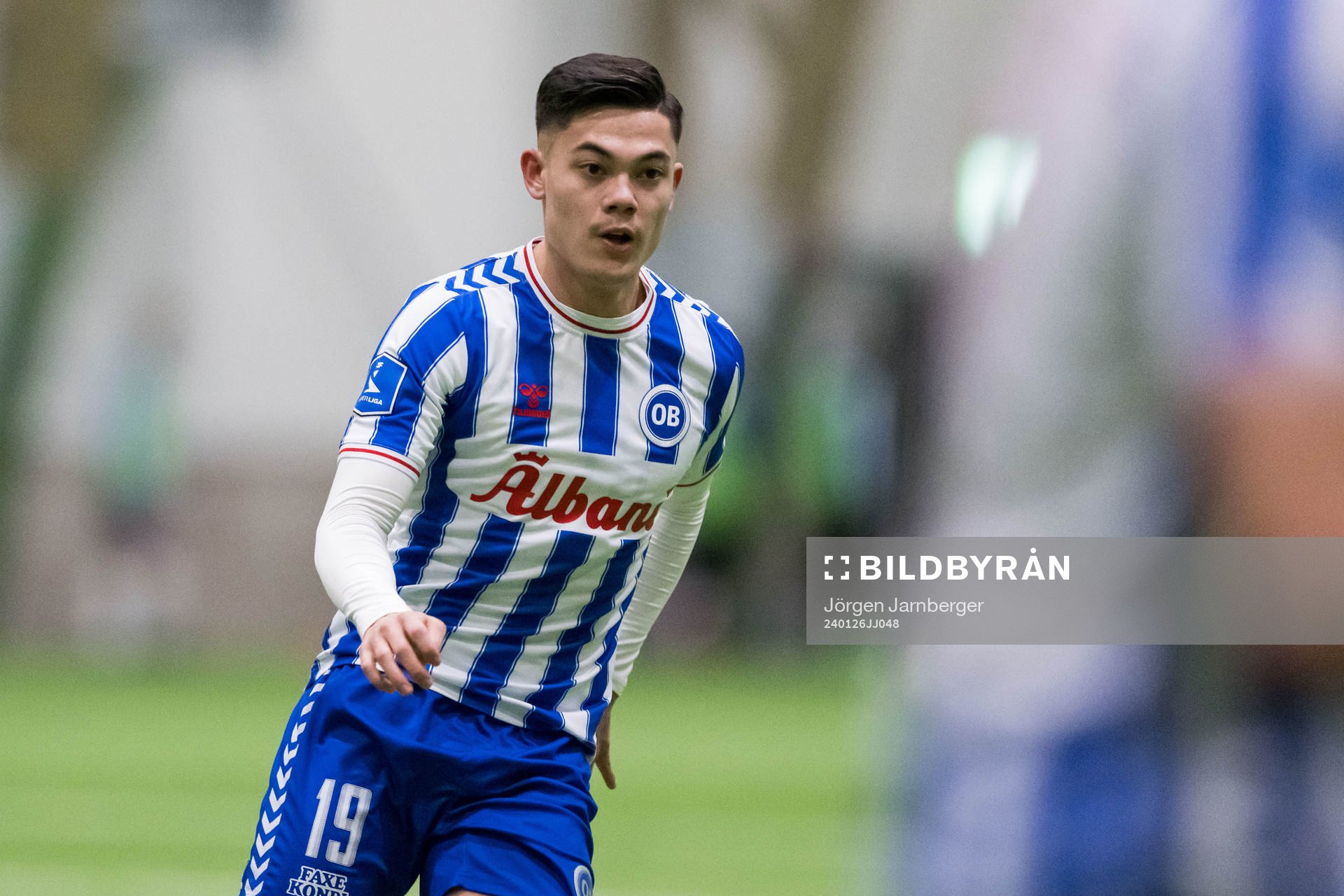 Odenses Johannes Selvén under träningsmatchen mellan Elfsborg och Odense den 26 januari 2024 i Borås. 