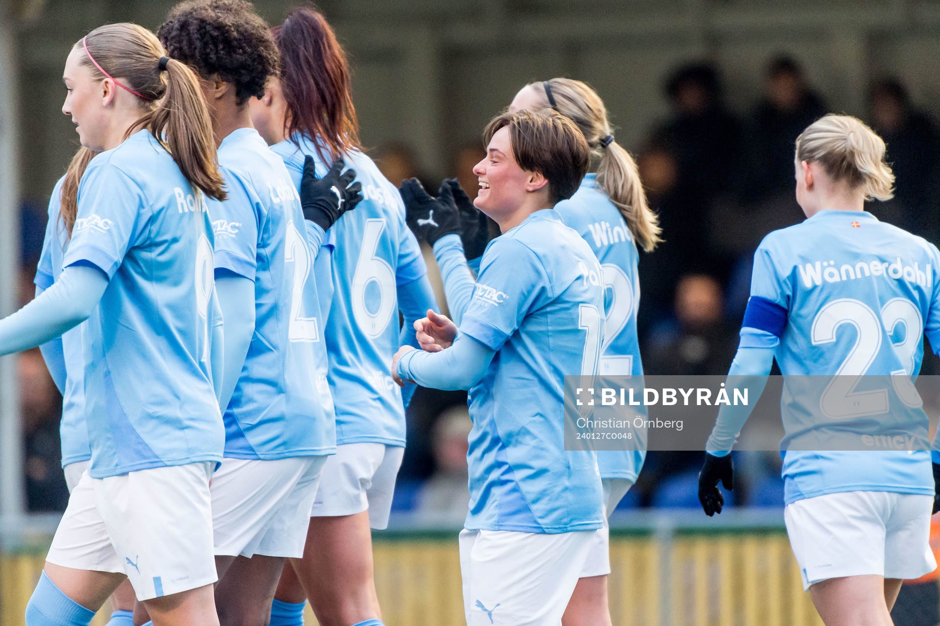 Malmö FFs Ema Paljevic jublar efter 3-0 under fotbollsmatchen i träningsmatchen mellan Malmö FF och Eskilsminne den 27 januari 2024 i Malmö.