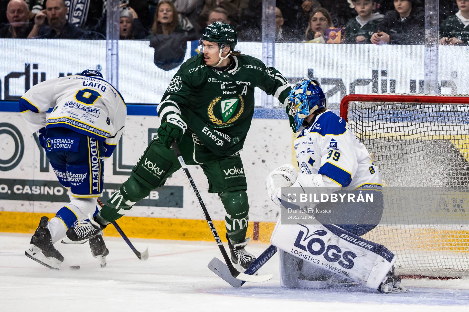 Färjestads Marcus Nilsson och Leksands målvakt Filip
