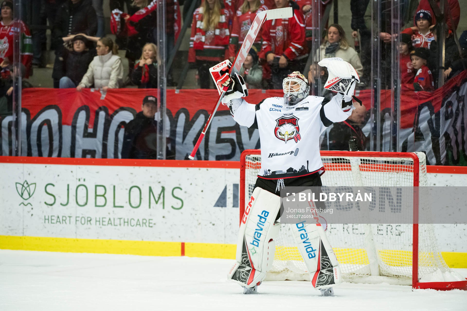 Malmö Redhawks målvakt Adam Werner jublar