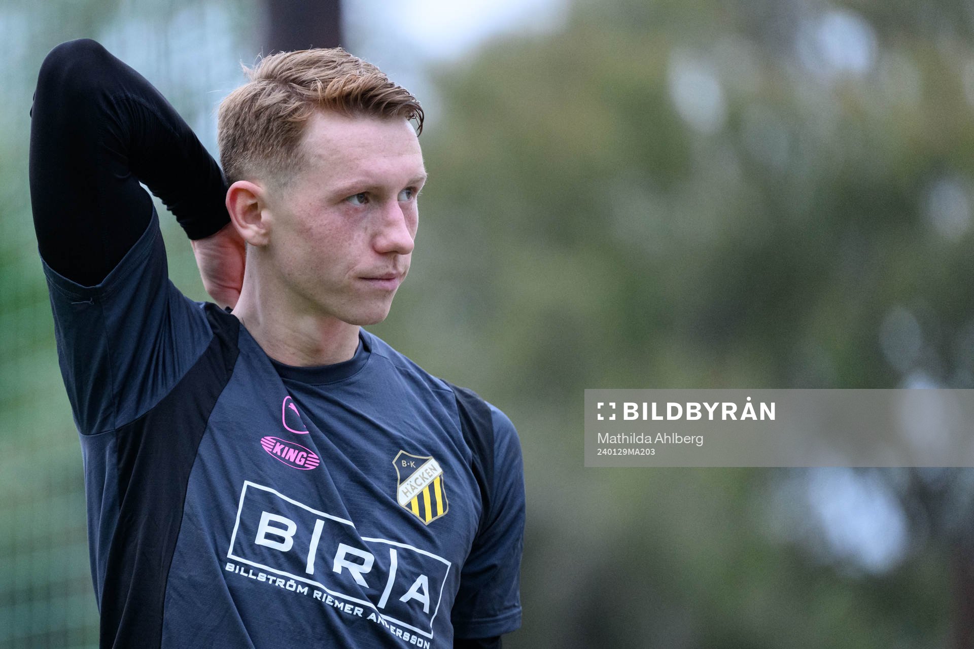 Häckens Julius Lindberg under en träning med Häcken den 29 januari 2024 i Marbella. 