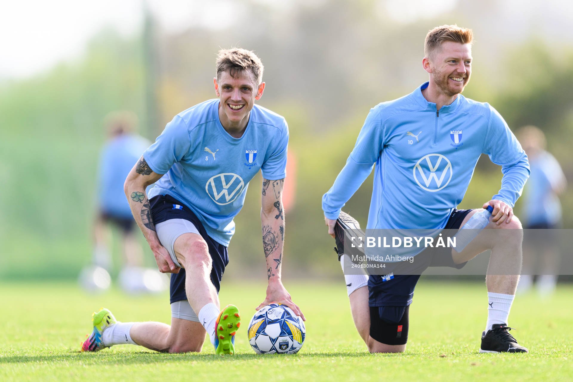 Malmö FFs Søren Rieks och Anders Christiansen under en träning med Malmö FF den 30 januari 2024 i Estepona. 
