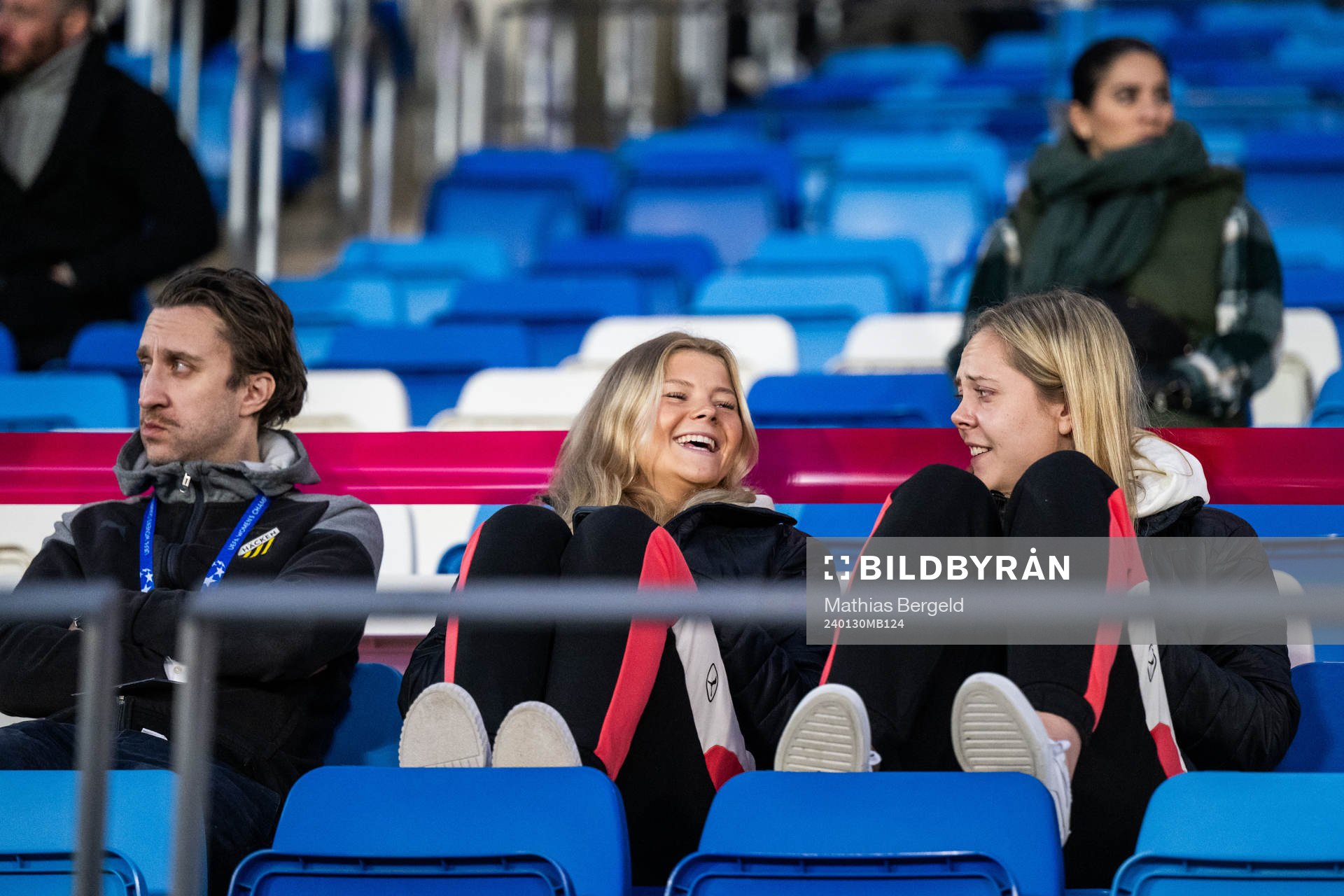 Matilda Nildén and Alice Bergström of Häcken in the stands ahead of  the UEFA Women's Champions League football match between Real Madrid and Häcken on January 30, 2024 in Madrid. 