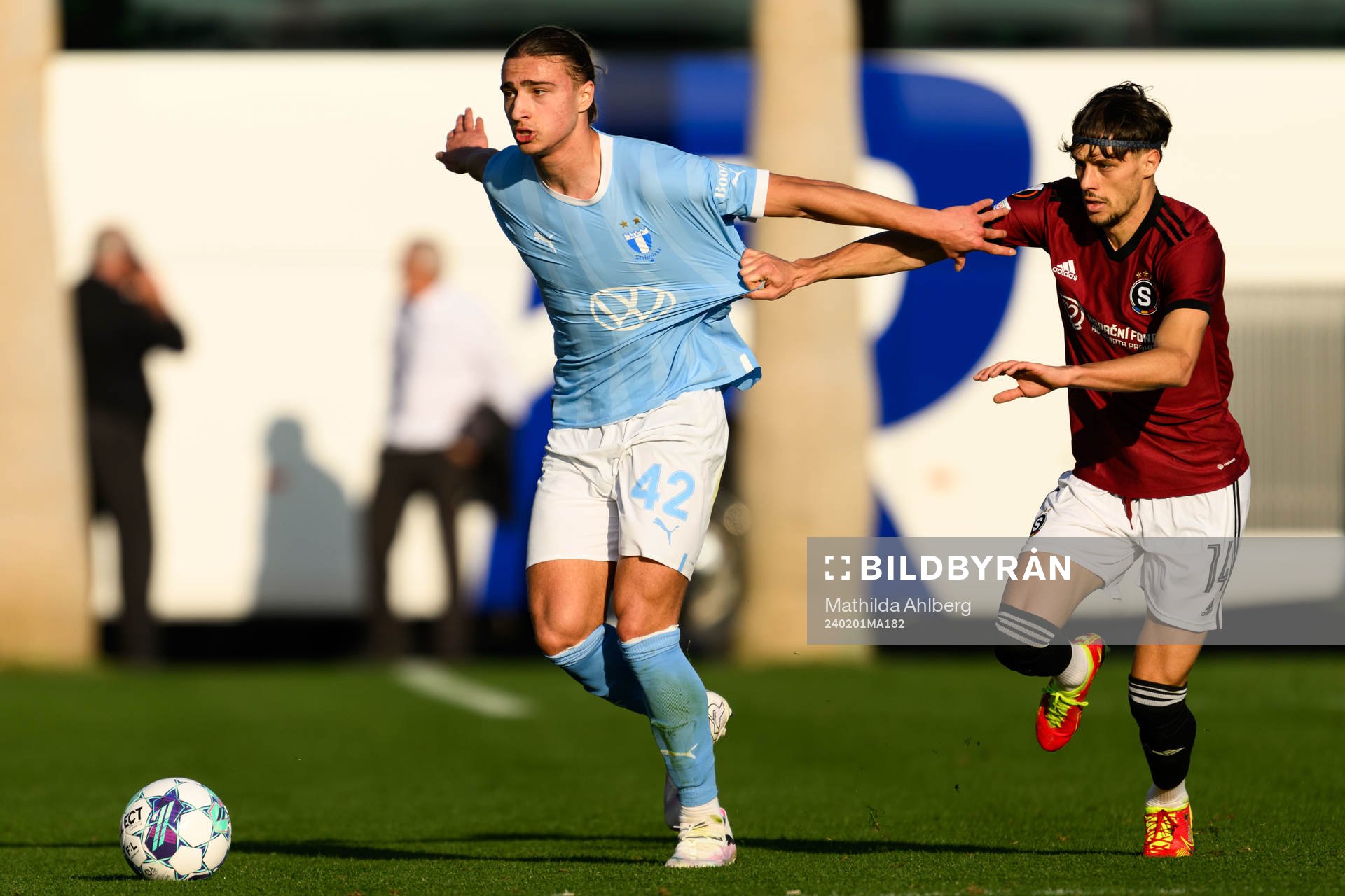 Elison Makolli of Malmö FF and Veljko Birmancevic of Sparta Prag during the Friendly match between Malmö FF and Sparta Praha on February 1, 2024 in Marbella.