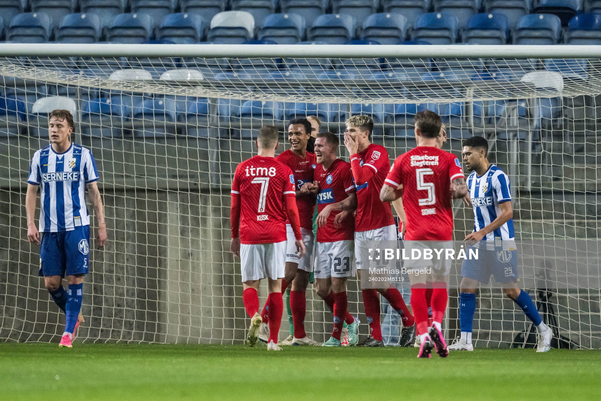 Tonni Adamsen and Alexander Busch of Silkeborg celebrates after 0-1 during the Atlantic Cup football match between IFK Göteborg and Silkeborg on February 2, 2024 in Faro.
