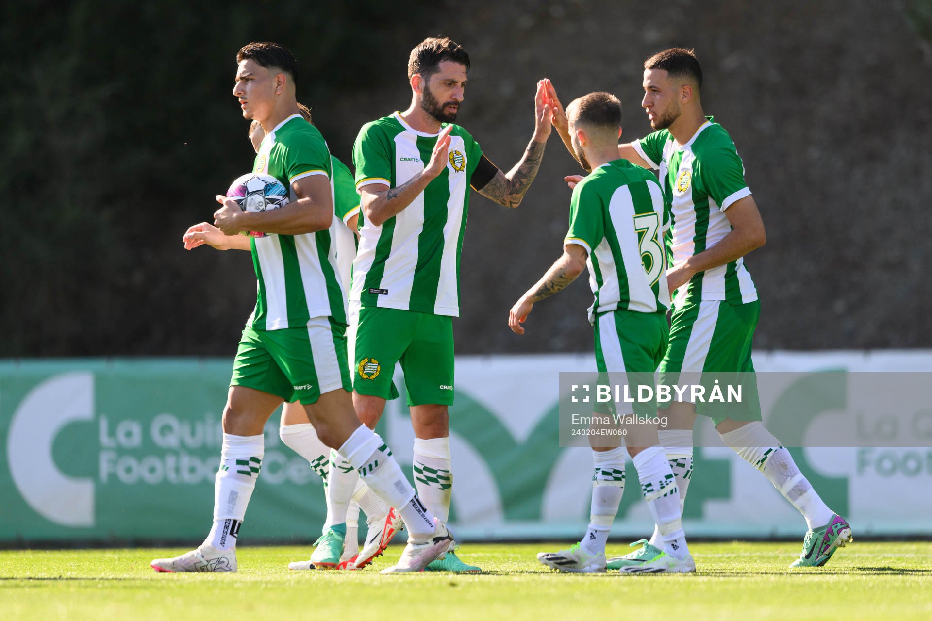 Abdelrahman Boudah Saidi, Josef Erabi, Nahir Besara, and Anton Kralj of Hammarby celebrate after the 3-3 goal during the friendly football match between Hammarby and Sarpsborg 08 on February 4, 2024 in Marbella.
