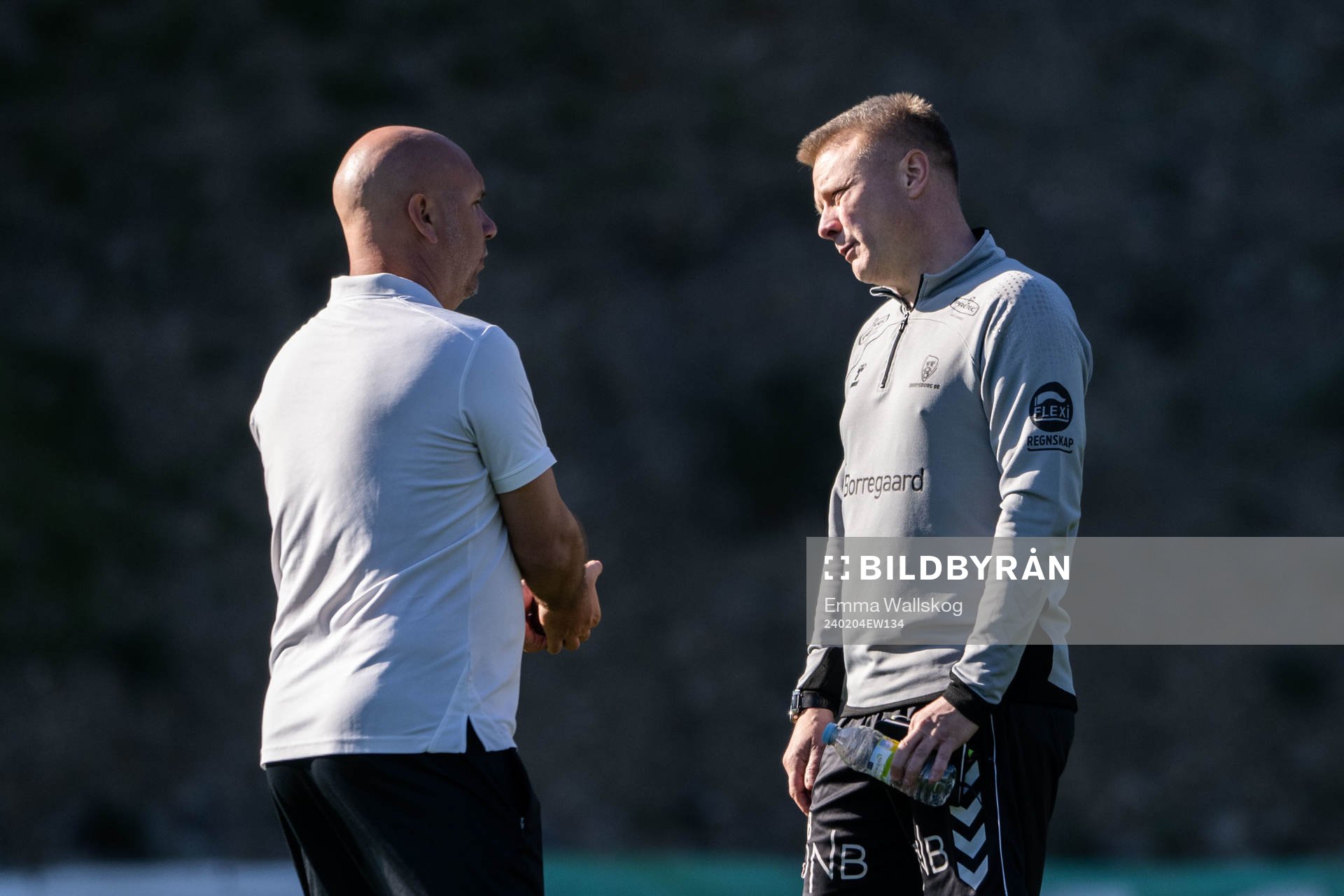 Sports director Mikael Hjelmberg of Hammarby and Head coach Stefan Billborn of Sarpsborg 08 during the friendly football match between Hammarby and Sarpsborg 08 on February 4, 2024 in Marbella.