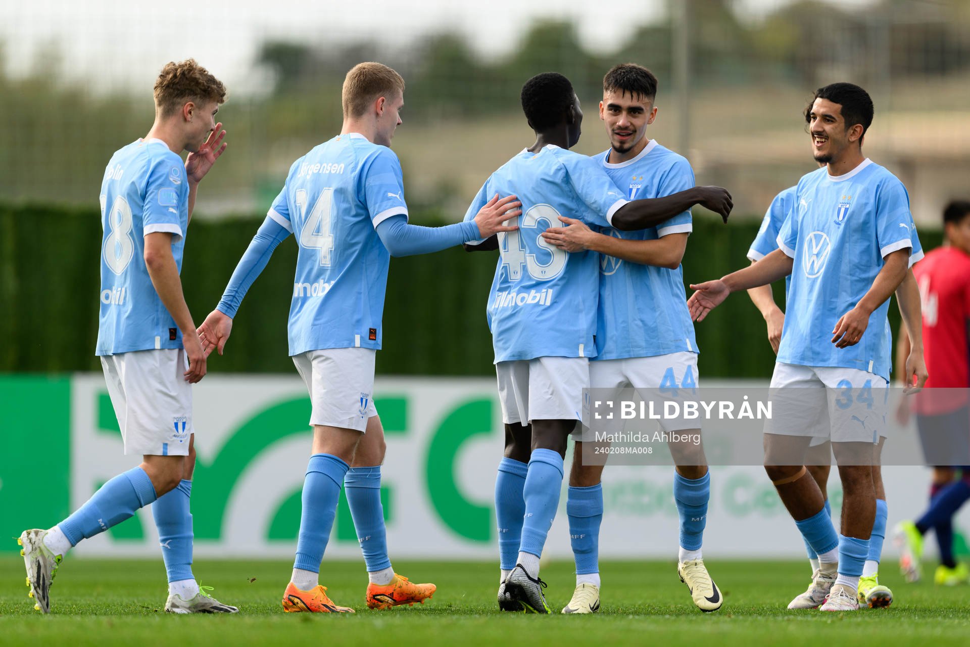 Hugo Bolin, Sebastian Jörgensen, Mamadou Diagne, Alexander Hughes and Zakaria Loukili of Malmö FF during the friendly football match between Dallas and Malmö FF on February 8, 2024 in Marbella.