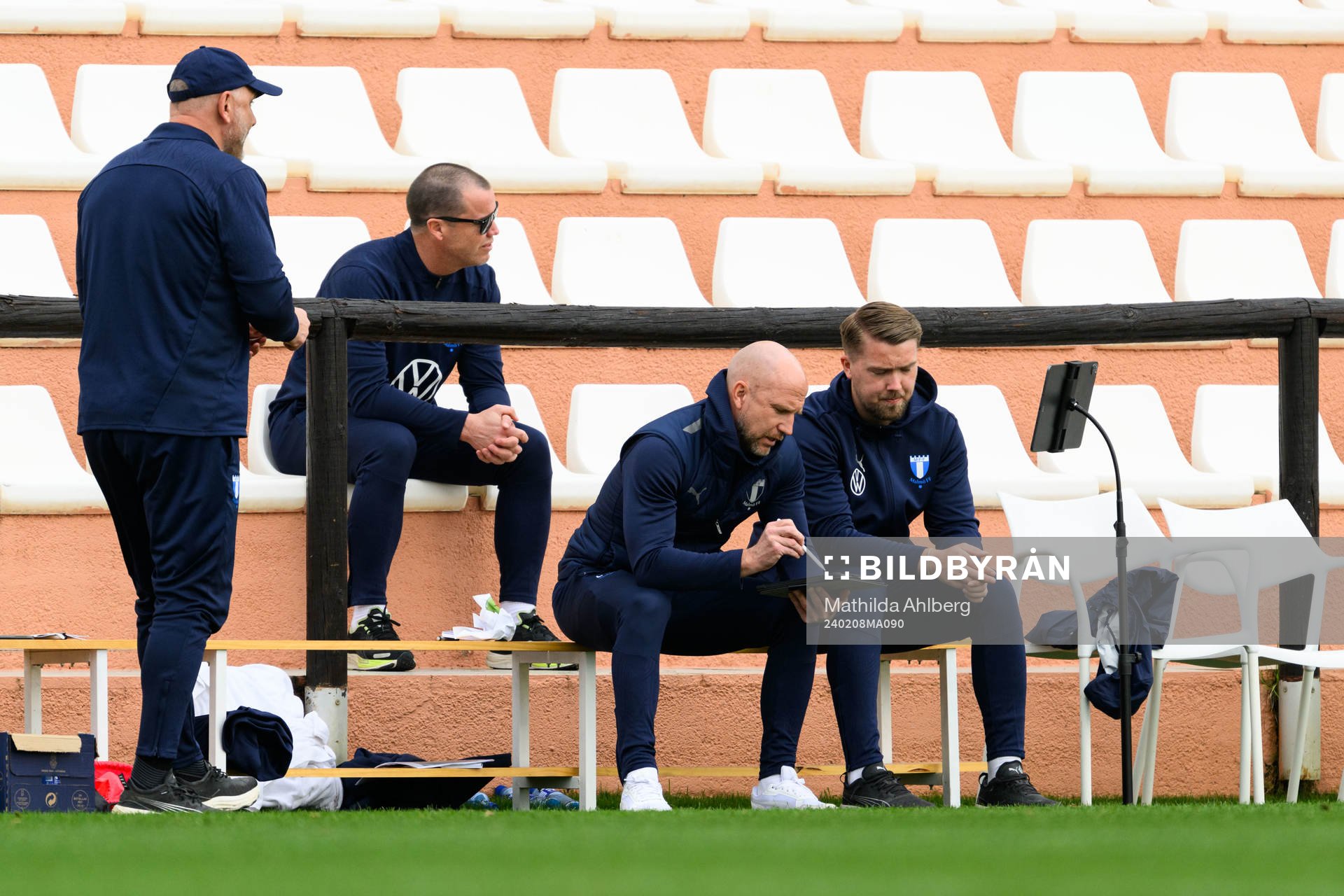 Goalkeeper coach Jonnie Fedel, Sports director Daniel Andersson, Head coach Henrik Rydström and Assistant coach Theodor Olsson of Malmö FF during the friendly football match between Dallas and Malmö FF on February 8, 2024 in Marbella.