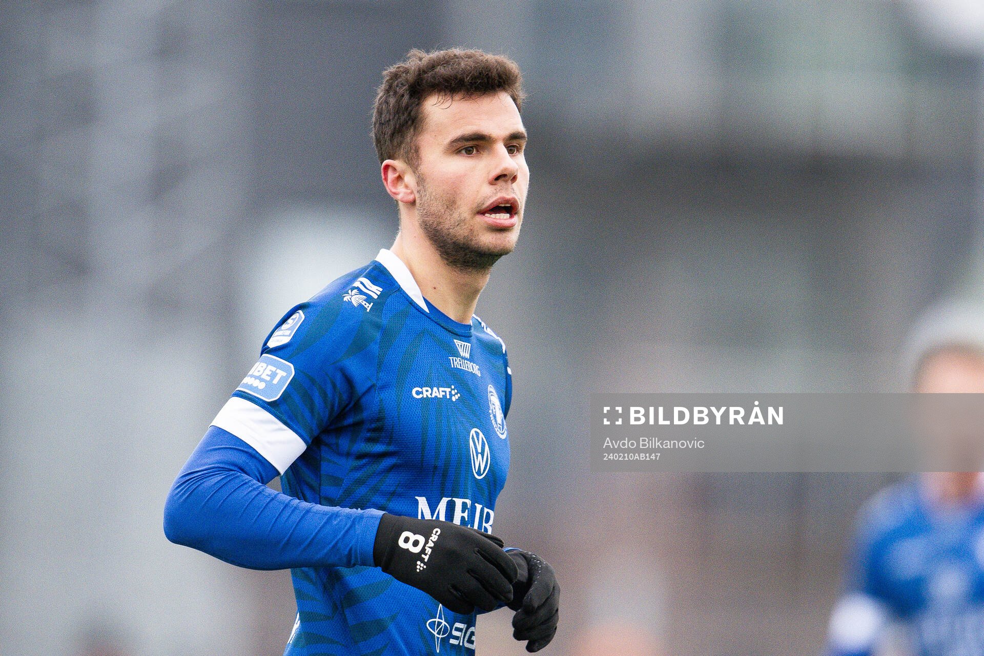Trelleborgs Herman Hallberg under fotbollsmatchen i träningsmatchen mellan Landskrona BOIS och Trelleborg den 10 februari 2024 i Landskrona.