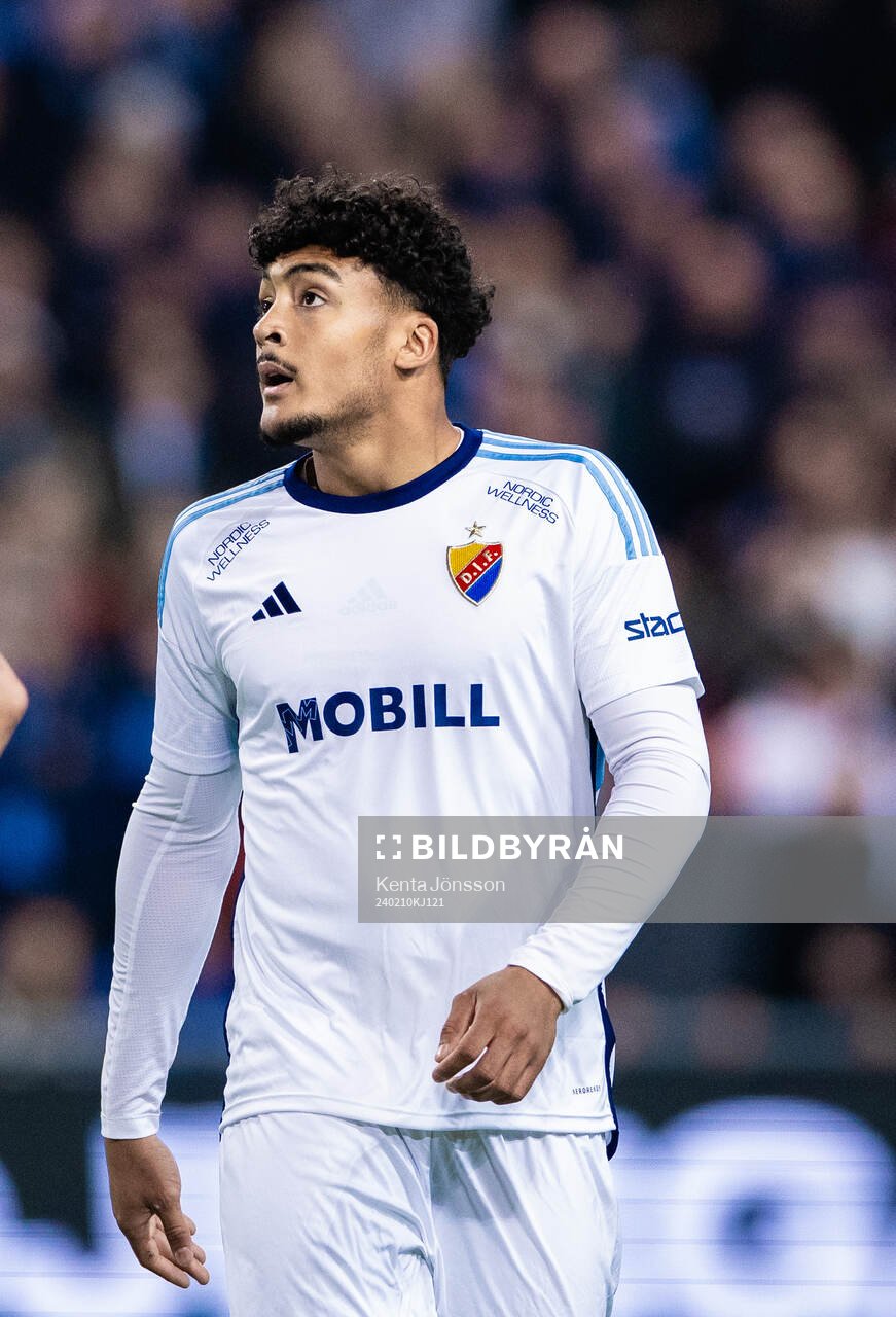 Djurgårdens Gideon Granström under träningsmatchen i fotboll mellan Djurgården och Viking den 10 februari 2024 i Stockholm. 