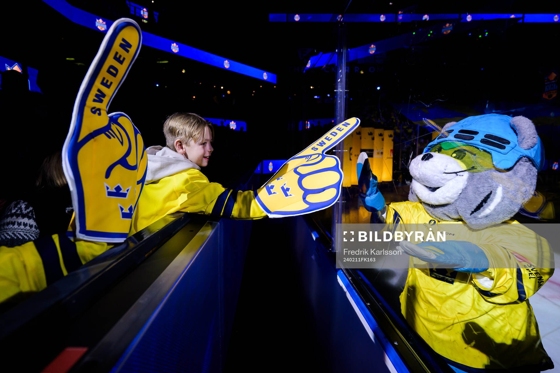 Supporters of Sweden with the Swedish mascot ahead the