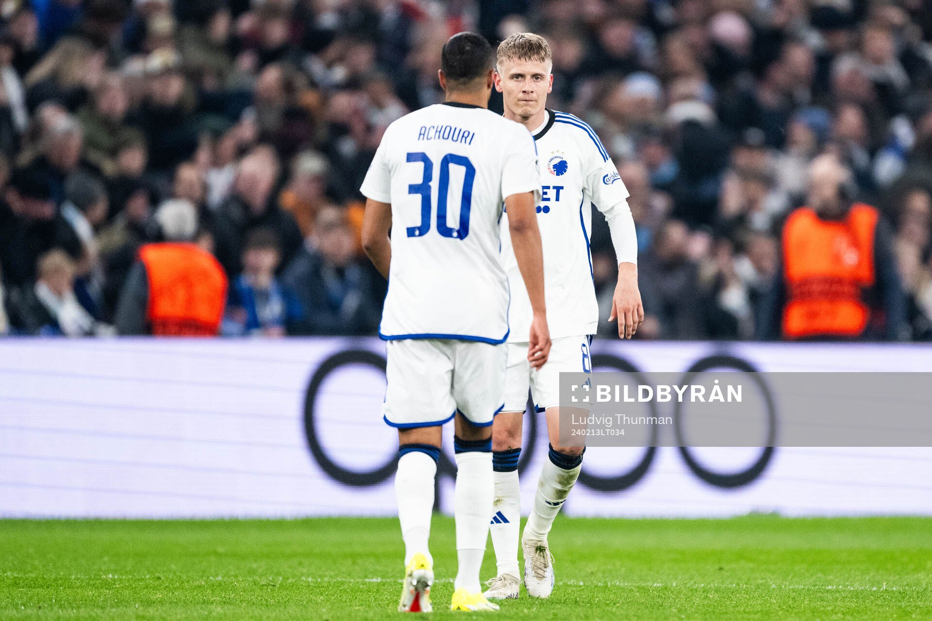Magnus Mattsson of FC Copenhagen celebrates with Elias Achouri after 1-1 during the UEFA Champions League football 1/8 final between FC Copenhagen and Manchester City on February 13, 2024 in Copenhaugen.