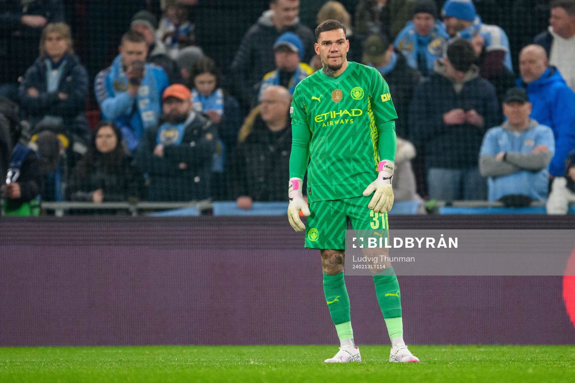 Goalkeeper Ederson of Manchester City during the UEFA Champions League football 1/8 final between FC Copenhagen and Manchester City on February 13, 2024 in Copenhaugen.