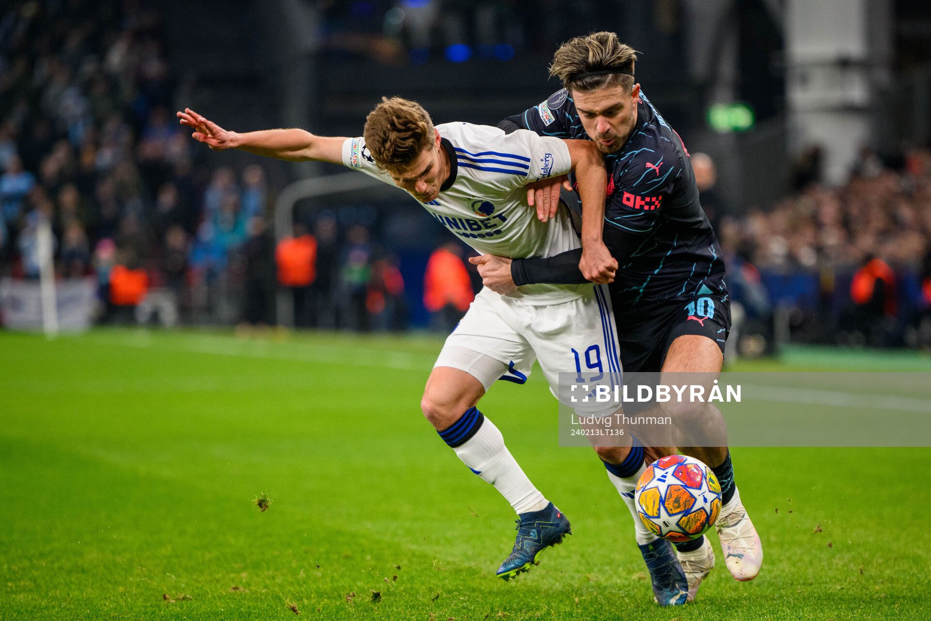 Elias Jelert of FC Copenhagen and Jack Grealish of