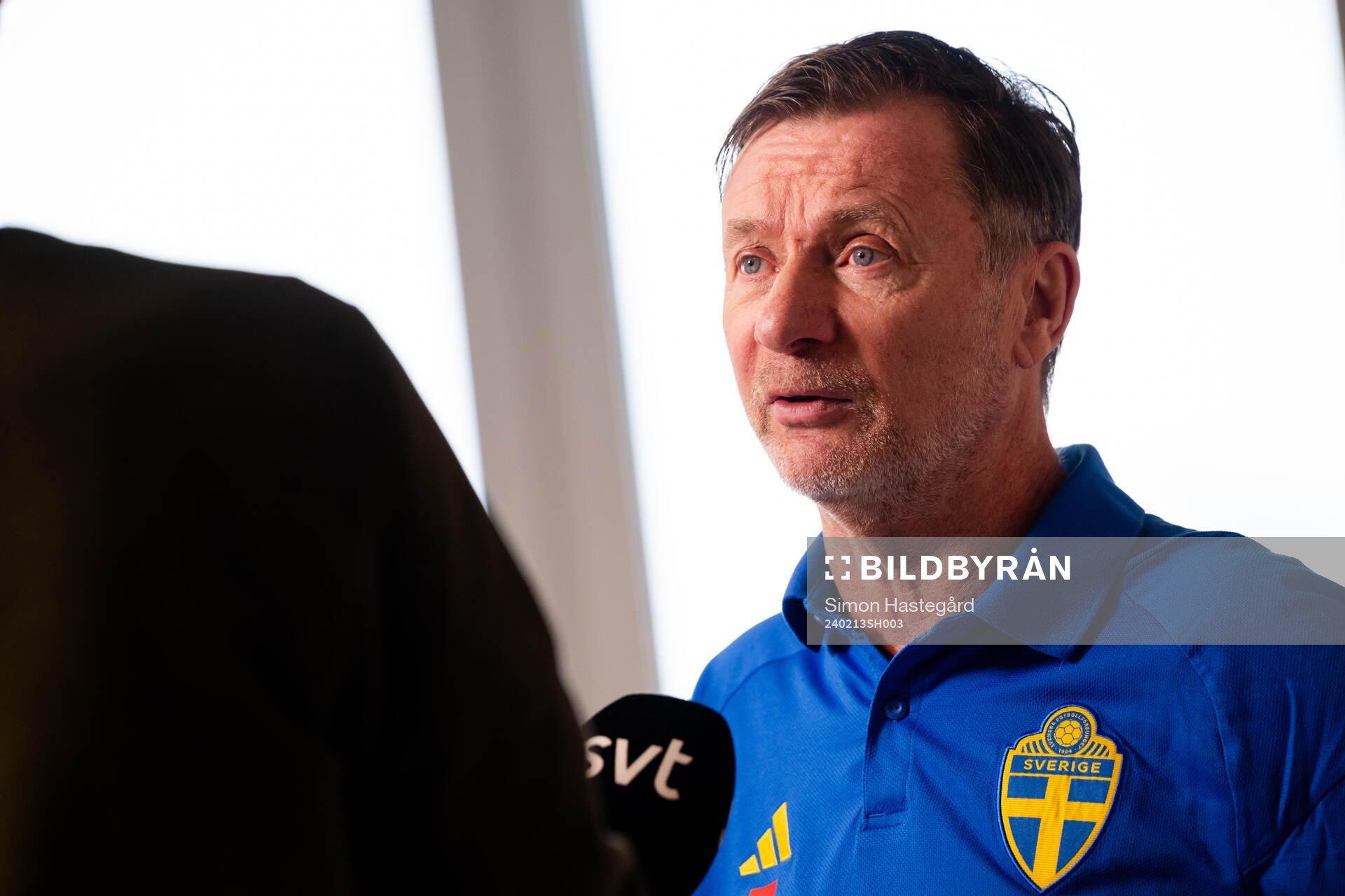 Sveriges förbundskapten Peter Gerhardsson under en presskonferens anordnad av Svenska Fotbollsförbundet den 13 februari 2024 i Stockholm. 