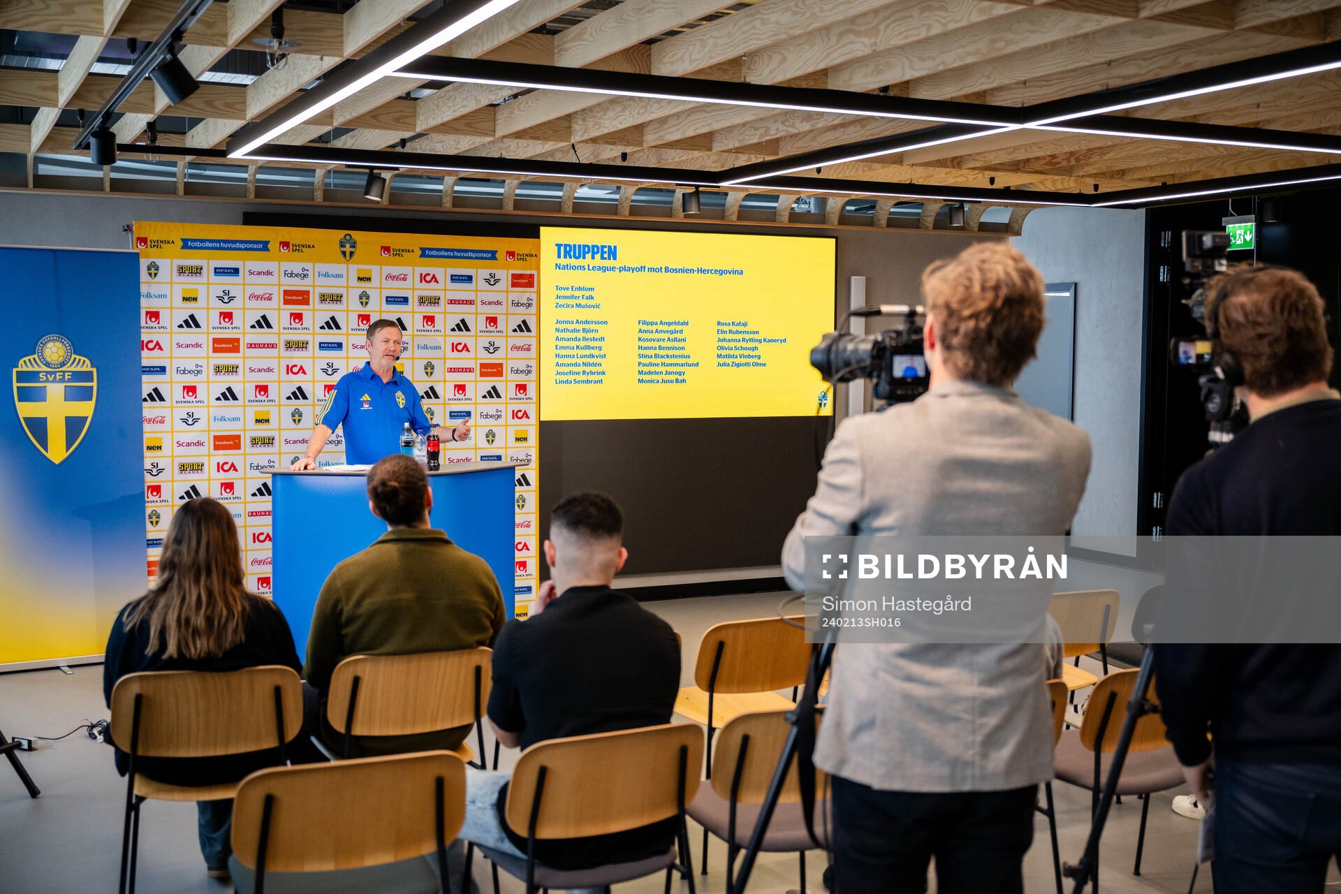 Sveriges förbundskapten Peter Gerhardsson under en presskonferens anordnad av Svenska Fotbollsförbundet den 13 februari 2024 i Stockholm. 
