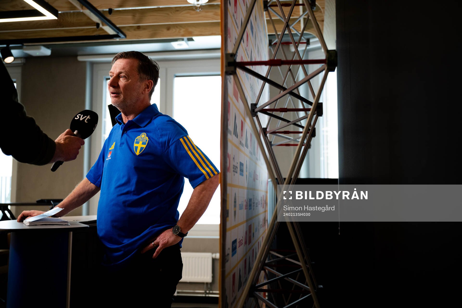 Sveriges förbundskapten Peter Gerhardsson under en presskonferens anordnad av Svenska Fotbollsförbundet den 13 februari 2024 i Stockholm. 