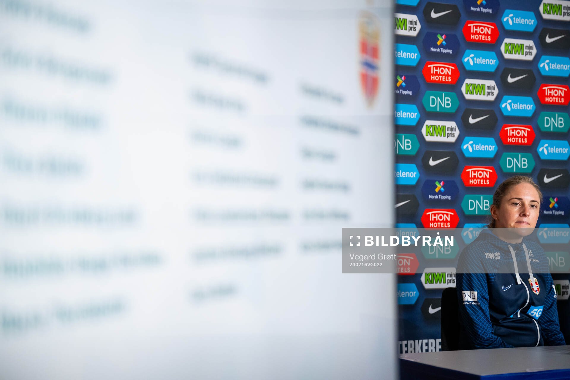 Gemma Grainger, head coach of the Norwegian women's national football team, presents the team selection ahead of the UEFA Women's Nations League play-off during a press conference on February 16, 2024 in Oslo.