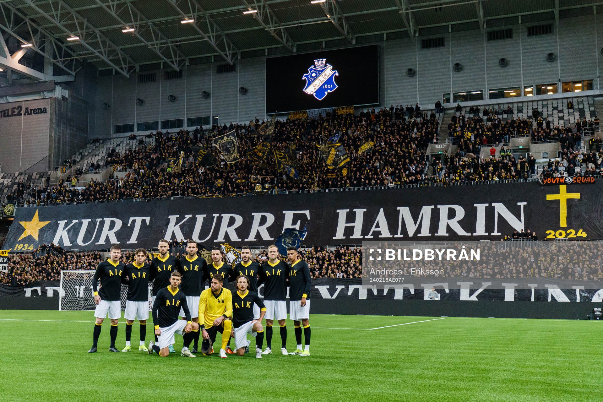 AIKs startelva inför fotbollsmatchen i Svenska Cupen mellan AIK och Örebro den 18 februari 2024 i Stockholm. Övre raden från vänster: Mads Døhr Thychosen, Taha Ayari, Alexander Milosevic, Benjamin Tiedemann Hansen, Martin Ellingsen, Ioannis Pittas, Bersant Celina och Rui Modesto. Nedre raden från vänster: Anton Salétros, målvakt Kristoffer Nordfeldt och Axel Björnström.