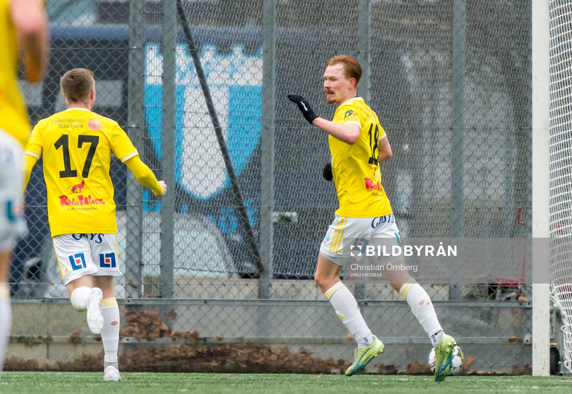 Falkenbergs FFs Linus Borgström jublar efter 0-1 under träningsmatchen mellan Malmö FF och Falkenbergs FF den 18 februari 2024 i Malmö.