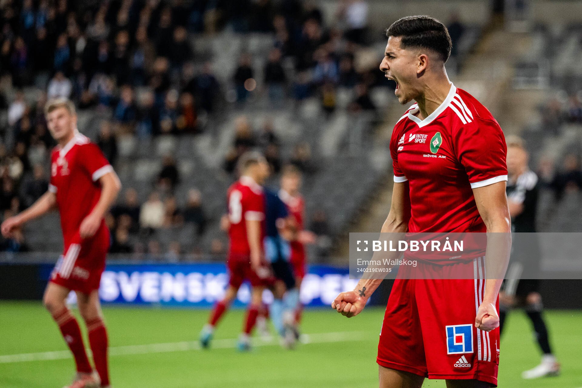 Skövde AIKs Marcus Mikhail jublar under fotbollsmatchen i Svenska Cupen mellan Djurgården och Skövde AIK den 19 februari 2024 i Stockholm.